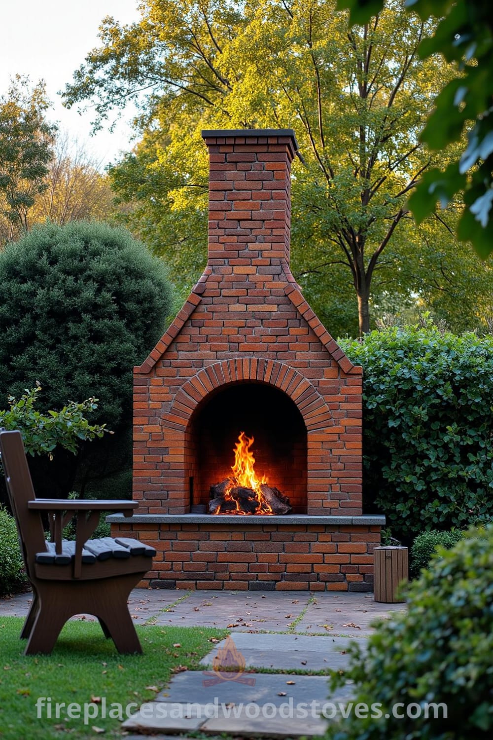 Tudor brick outdoor fireplace in a lush garden, exuding rustic charm with warm flickering flames, surrounded by foliage and a stone path leading to a rustic wooden bench, ideal for cozy gatherings. Visit fireplacesandwoodstoves.com for unique ideas and cozy home inspirations.
