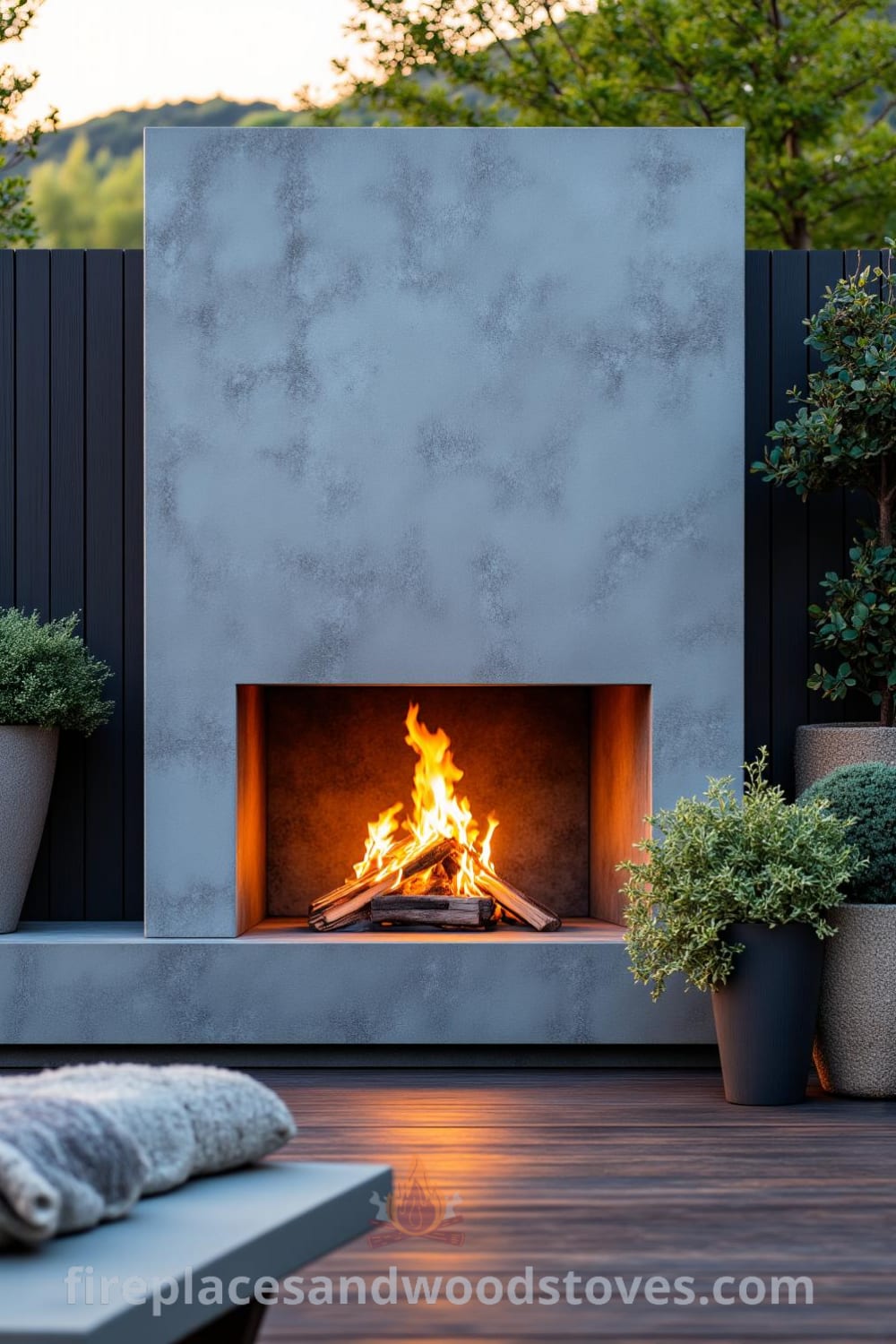 Minimalist concrete outdoor fireplace on a wooden deck, surrounded by a rustic garden, with warm flames illuminating potted plants and inviting mismatched lounge chairs nearby, showcasing cozy ideas for your home. Visit fireplacesandwoodstoves.com for more decor inspirations.