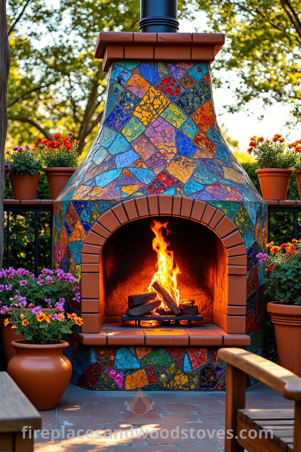 Colorful bohemian mosaic fireplace on an outdoor patio surrounded by wildflowers, terracotta pots, and worn wooden furniture, creating a cozy atmosphere for gatherings with friends, featured on fireplacesandwoodstoves.com.