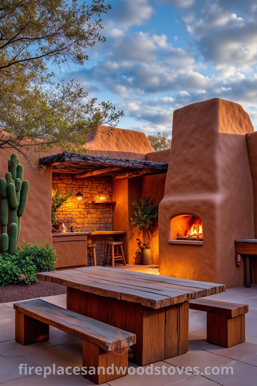 Southwestern adobe outdoor barbecue setup in a sun-drenched courtyard, featuring rough-hewn clay bricks, vibrant desert plants, rustic wooden benches, and flames dancing against a dusky sky, creating a cozy atmosphere perfect for gatherings. Discover cozy ideas for your home at fireplacesandwoodstoves.com.