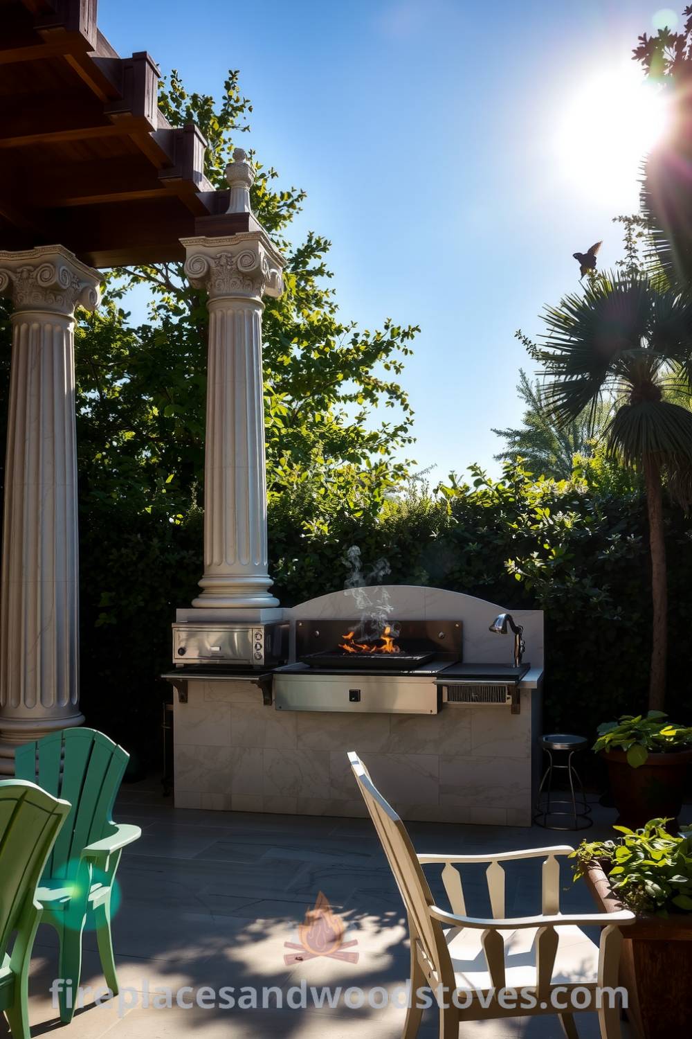 Neoclassical marble outdoor barbecue surrounded by lush greenery, blending rustic wooden beams with a cozy atmosphere, inviting mismatched chairs, and fragrant herbs, ideal for summer gatherings and outdoor feasts, from fireplacesandwoodstoves.com.