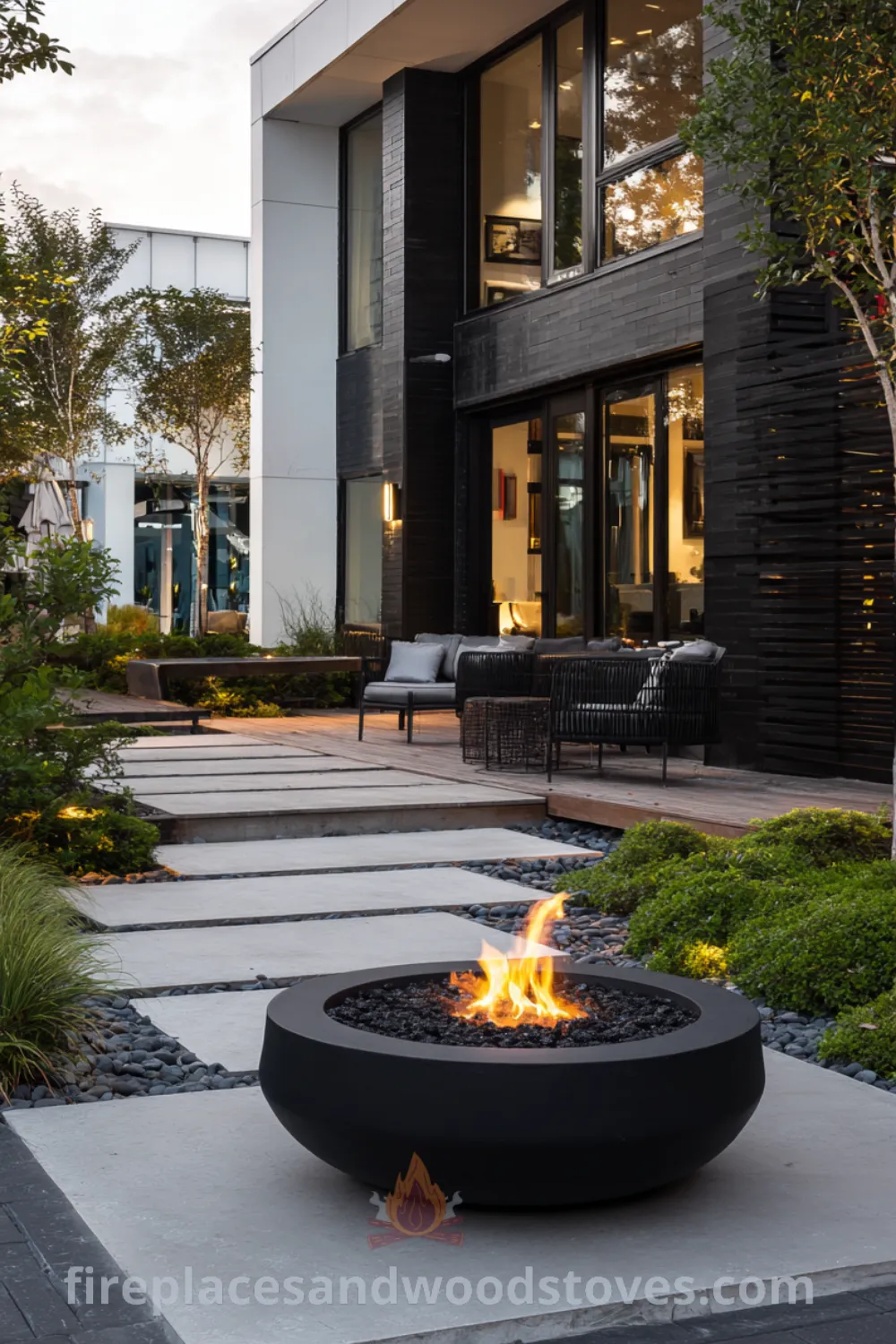 Sleek black ceramic fire pit on stone patio with modern minimalist fire pit style, inviting glow, and integrated controls.