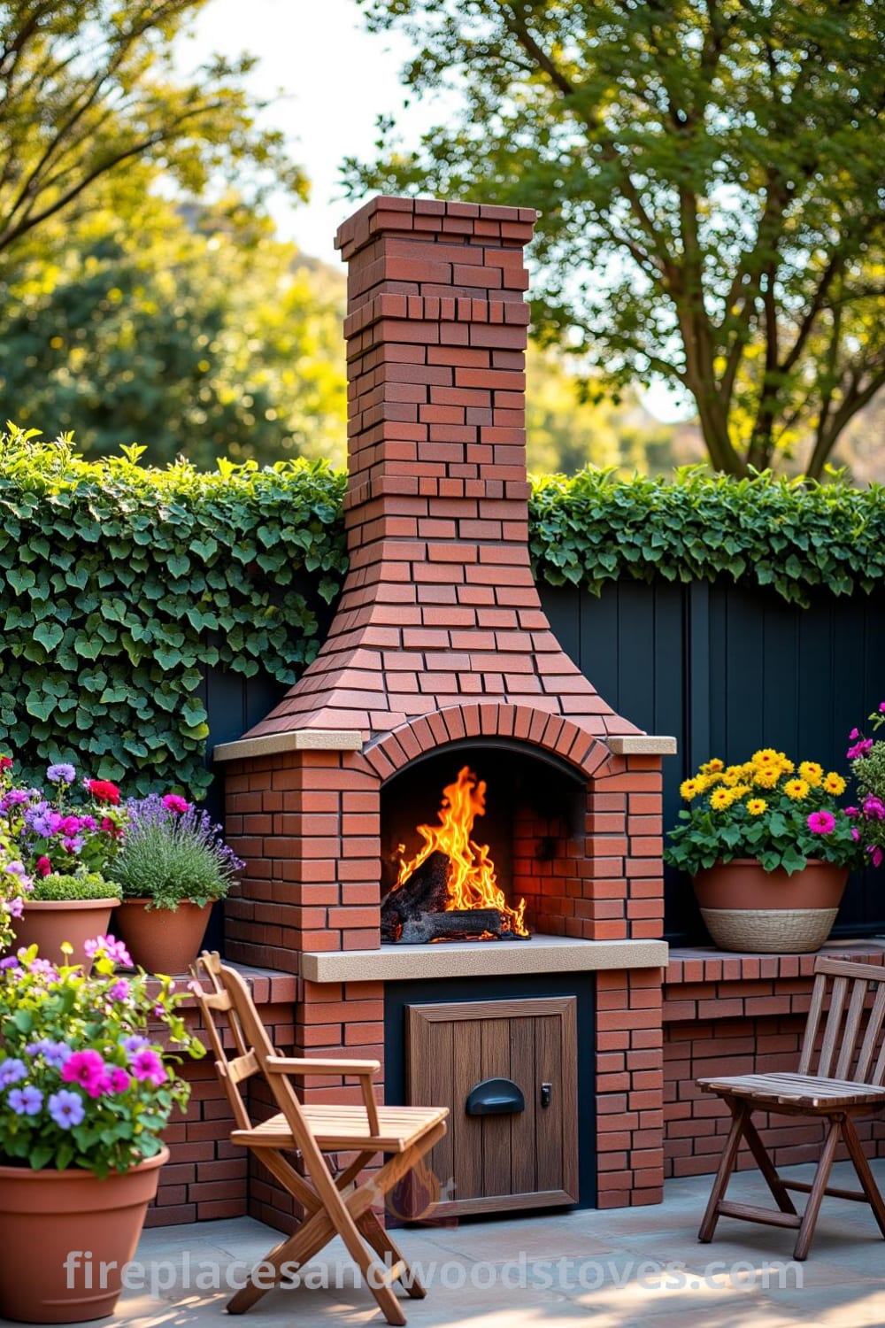 Cozy brick outdoor barbecue in a sun-drenched backyard with worn red bricks, flickering flames beneath a grate, mismatched wooden chairs, and colorful plants, showcasing inviting decor ideas for a cozy home, inspiring gatherings and cookouts, featured on fireplacesandwoodstoves.com.