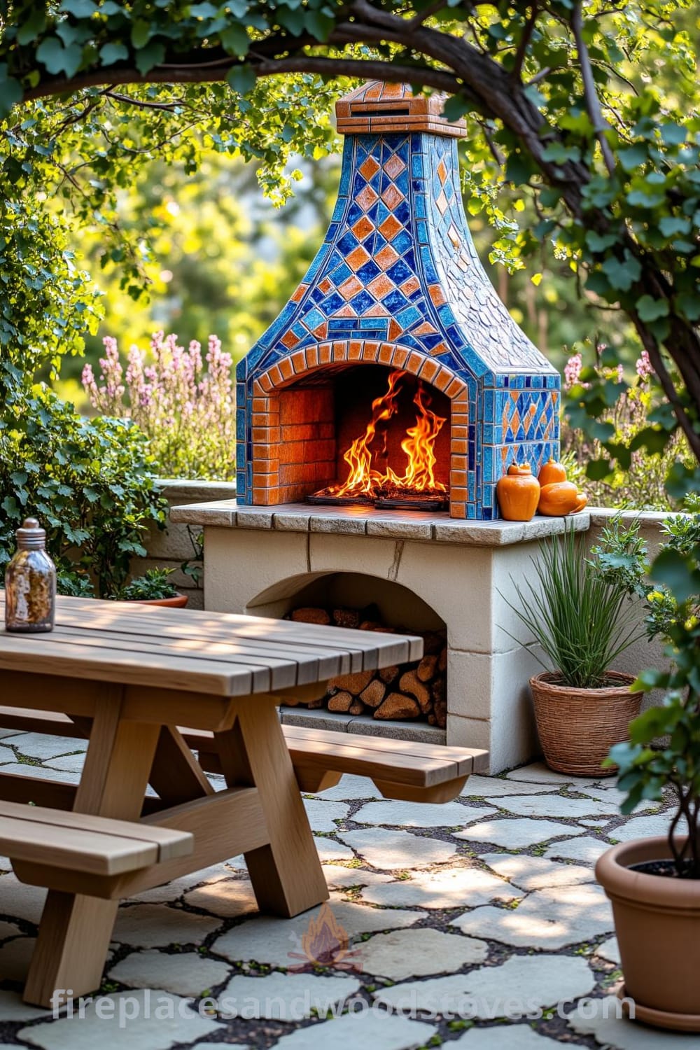Colorful Mediterranean tile outdoor barbecue nestled in a sunlit garden, surrounded by friends enjoying grilled food, vibrant ceramics in blues and oranges, potted herbs for added aroma, and a warm, inviting atmosphere, showcasing unique ideas for your home design at fireplacesandwoodstoves.com.