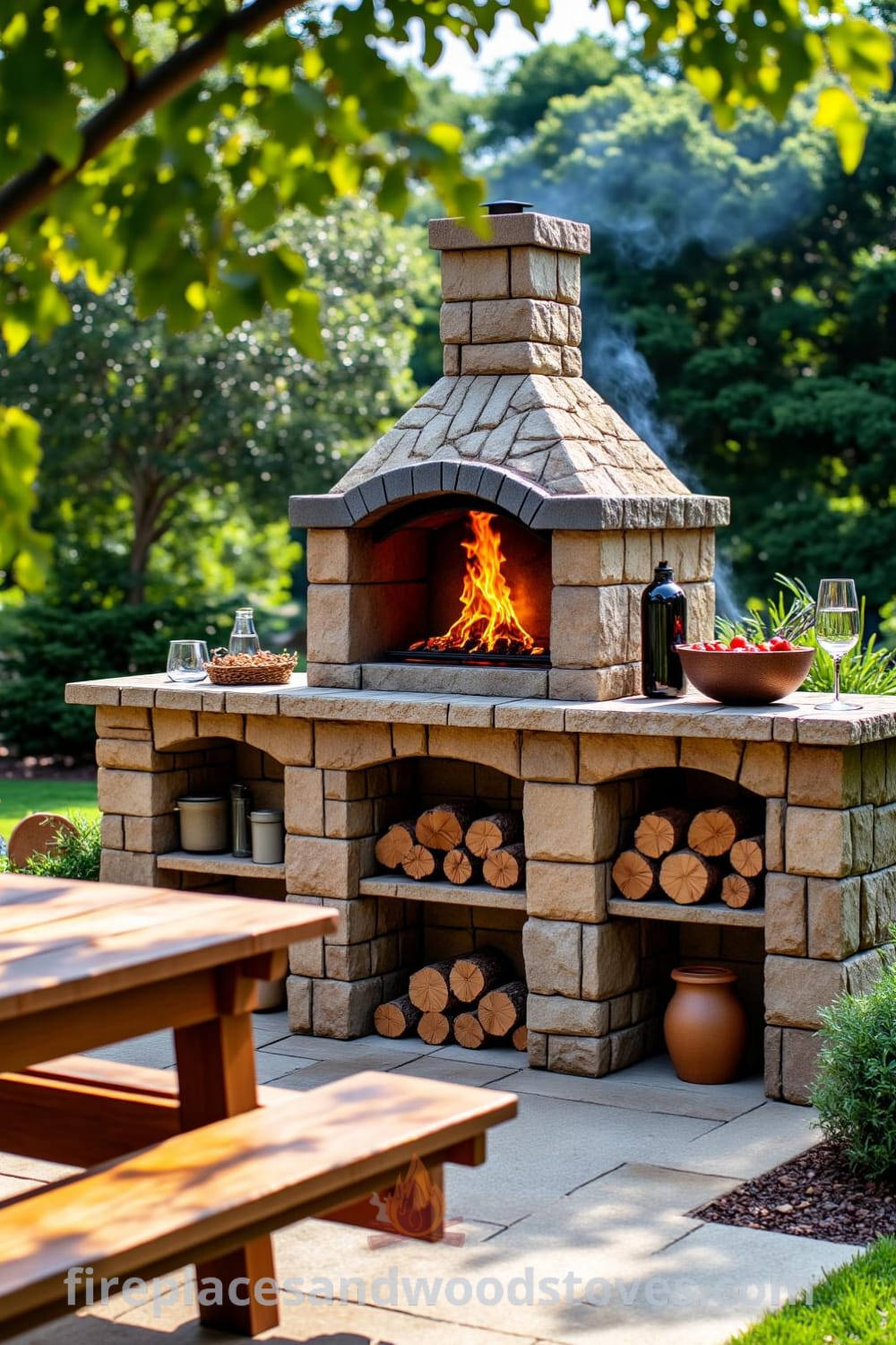 Rustic stone outdoor barbecue in a sun-drenched backyard surrounded by lush greenery, featuring smoldering wood, inviting wooden benches, and a warm atmosphere perfect for summer gatherings, ideal for cozy home design ideas from fireplacesandwoodstoves.com.
