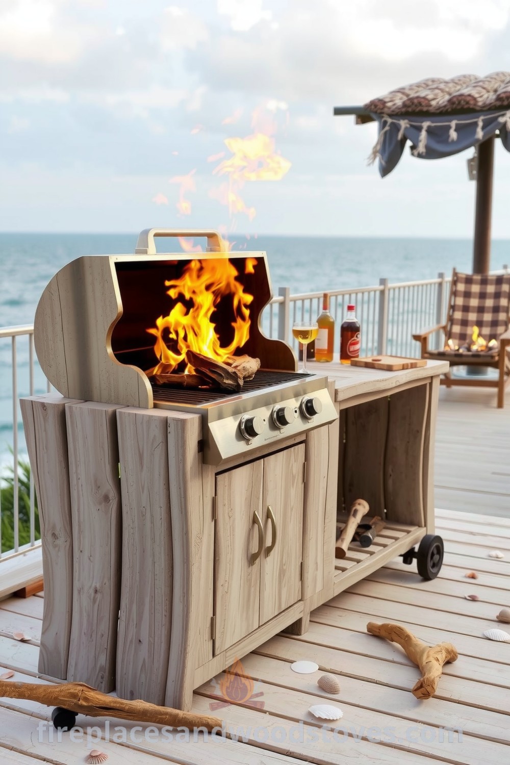 Coastal driftwood barbecue on a sun-washed deck overlooking the ocean, featuring crackling flames, scattered seashells, and pieces of driftwood, creating a cozy and inviting atmosphere for outdoor cooking and camaraderie. Visit fireplacesandwoodstoves.com for unique decor ideas and inspirations for your home.