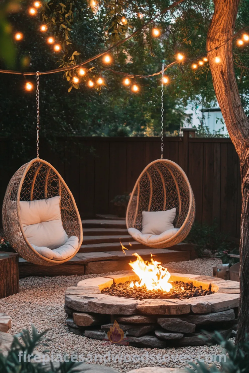 Cozy fire pit area featured on fireplacesandwoodstoves.com, showcasing an inviting backyard fire pit with seating, outdoor decorations, and design ideas for a cozy backyard retreat.