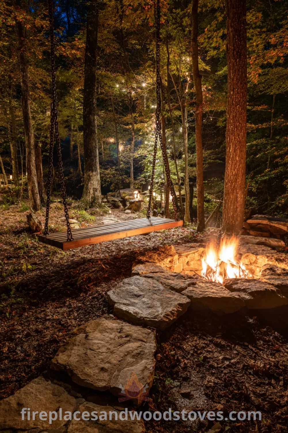 Rustic fire pit made of stones with reclaimed wood swing bench in a forest clearing, creating a cozy outdoor space fire pit and warm fire glow.