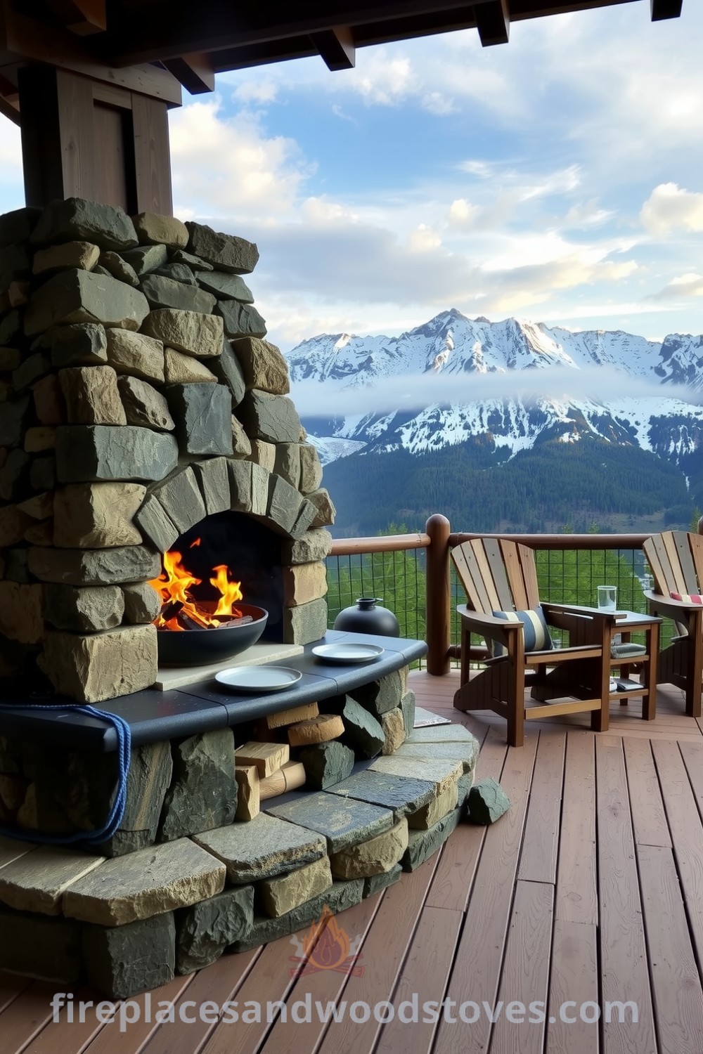 Alpine lodge outdoor barbecue featuring a rustic stone hearth with flickering flames, wooden deck with comfortable chairs, and stunning mountain scenery, creating cozy ideas for outdoor entertaining at fireplacesandwoodstoves.com.