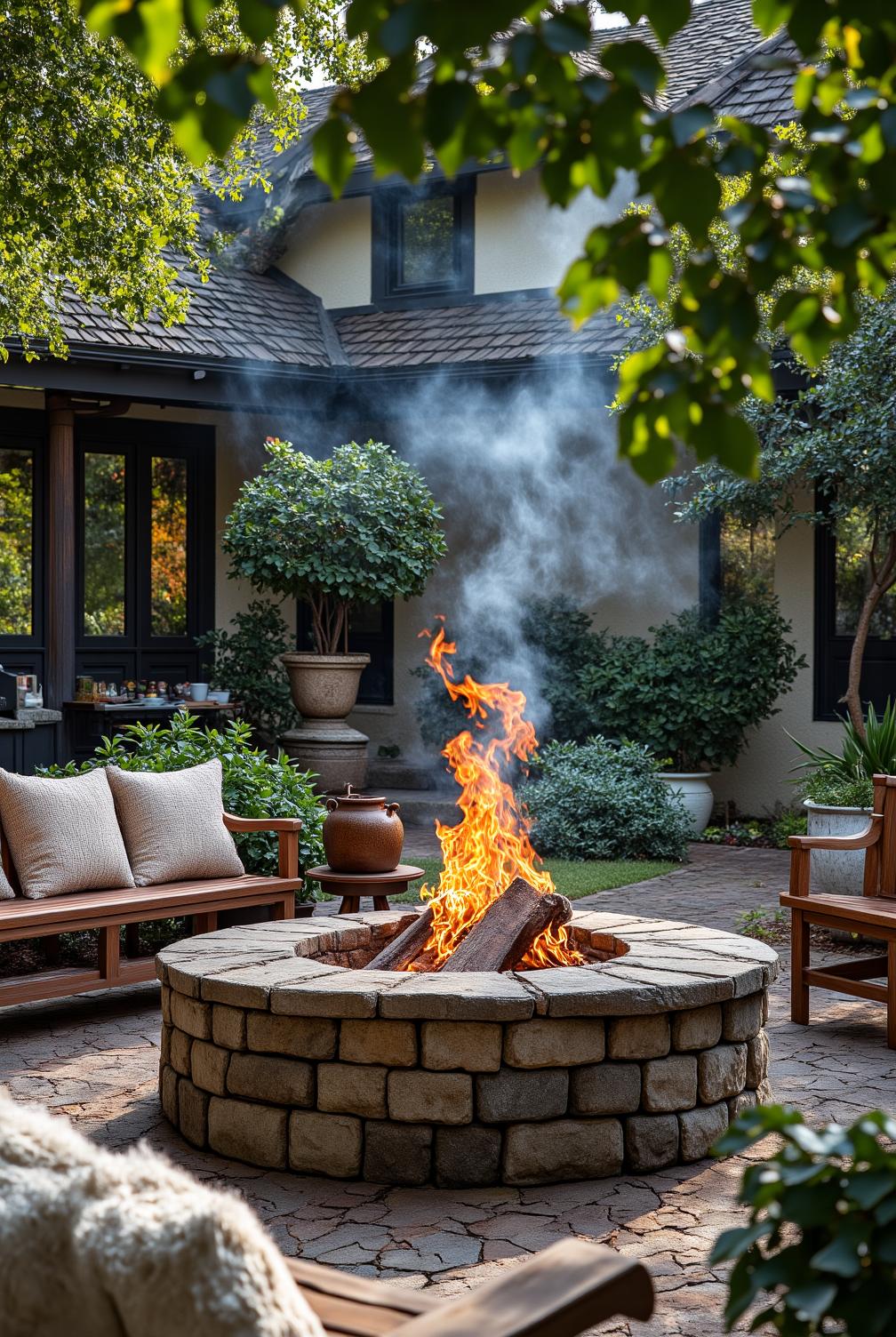 Circular stone fire pit in a sun-drenched backyard, surrounded by rugged wooden benches and plush outdoor cushions, with flickering flames and smoke creating a cozy atmosphere, revealing decor ideas and inspirations for enhancing your home at fireplacesandwoodstoves.com.