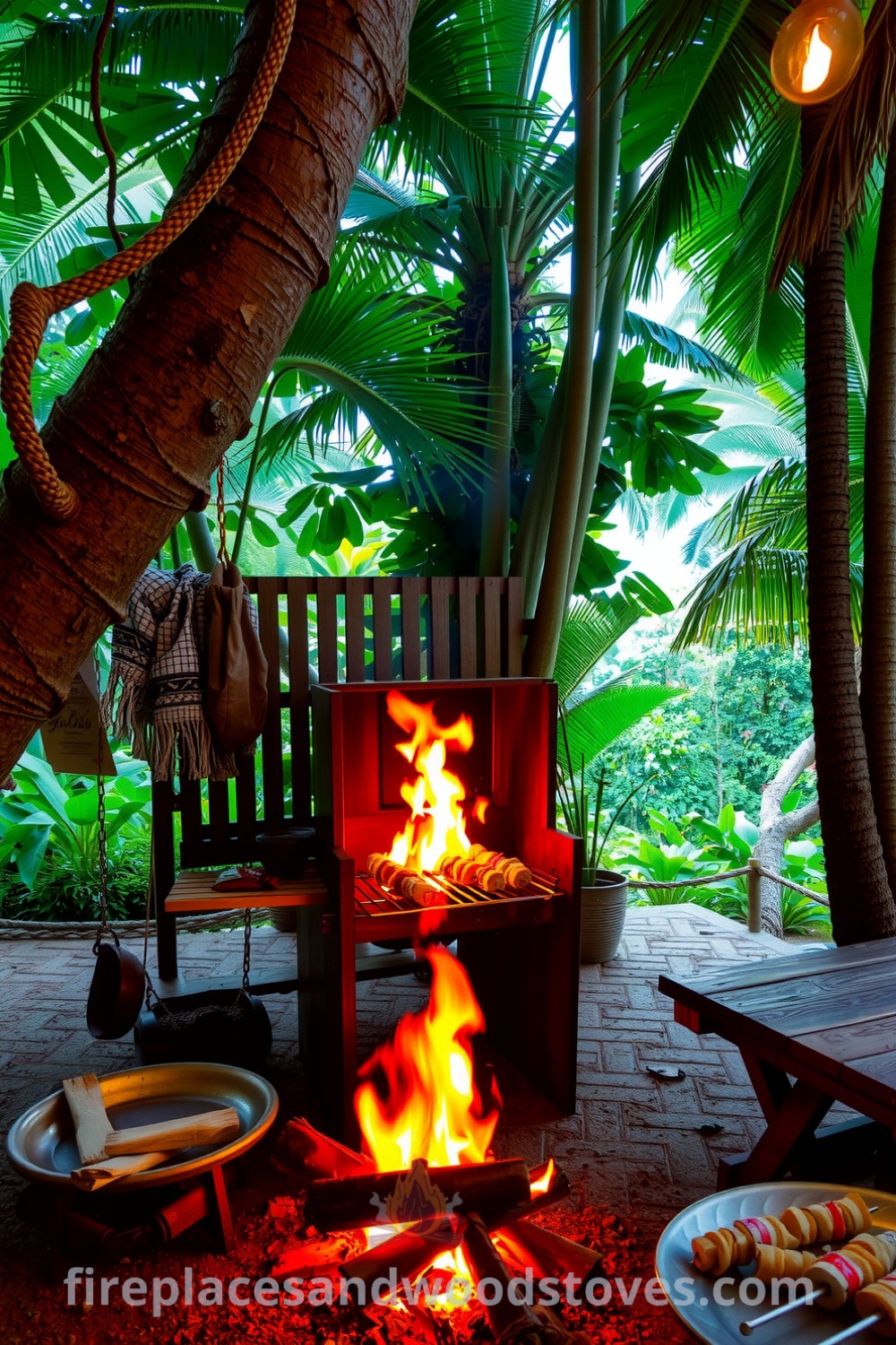 Wooden barbecue grill beneath a lush jungle canopy, surrounded by vibrant foliage and a rustic table holding marinated skewers, creating a cozy atmosphere for outdoor gatherings, inspired by unique ideas for your home, designed for warmth and charm at fireplacesandwoodstoves.com.