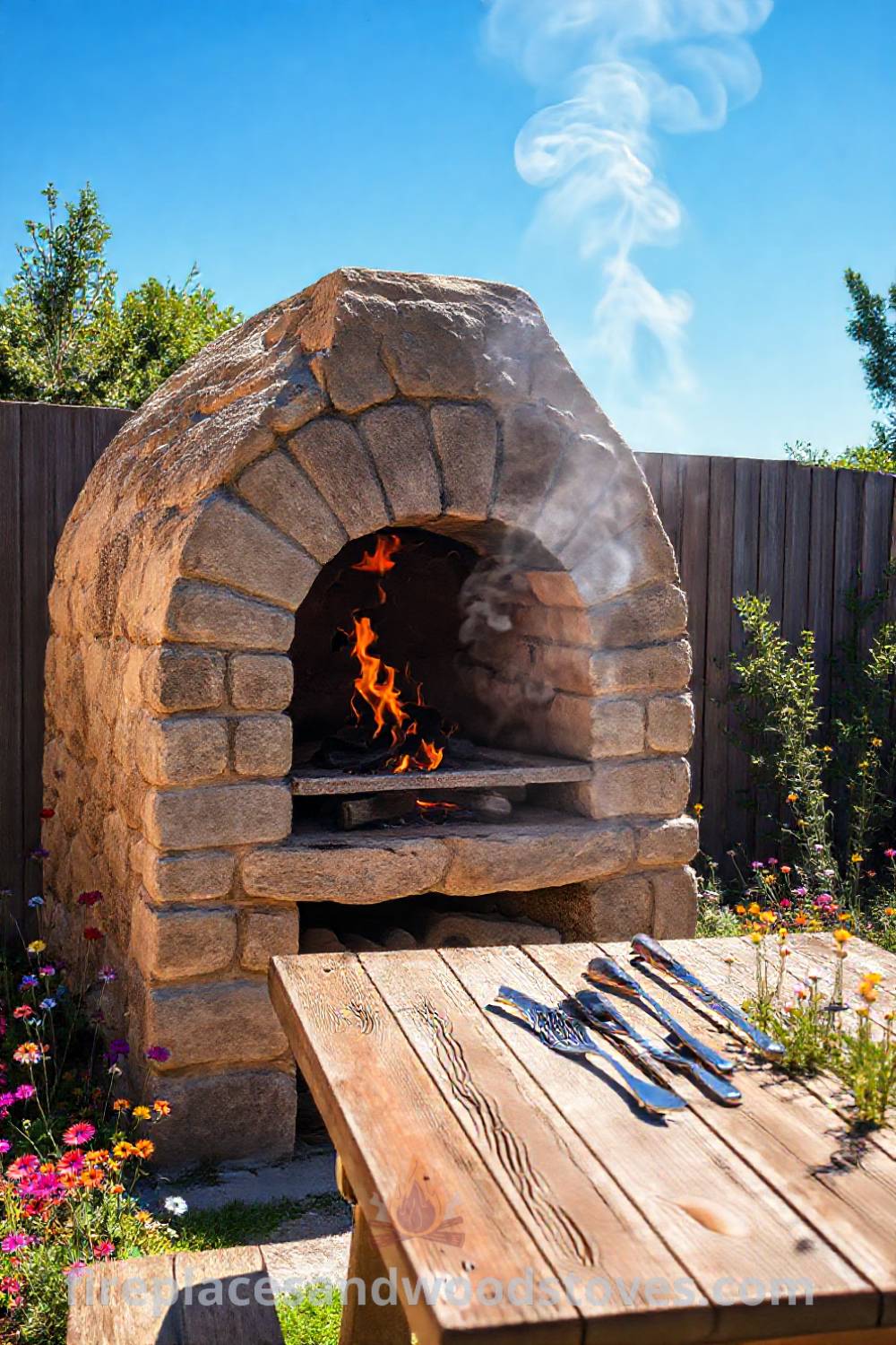 Sturdy stone BBQ oven in a sun-drenched backyard, surrounded by wildflowers and a wooden table, creating a cozy outdoor atmosphere perfect for gatherings. Visit patioandhomefurniture.com for incredible ideas for the coziest home.