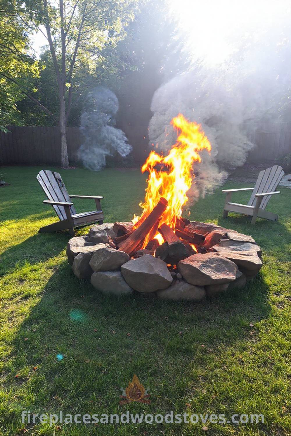 Rugged stone fire pit surrounded by mismatched adirondack chairs in a sun-dappled backyard, creating a cozy outdoor atmosphere perfect for gatherings under the stars. Visit patioandhomefurniture.com for incredible outdoor design ideas that will wow your guests.