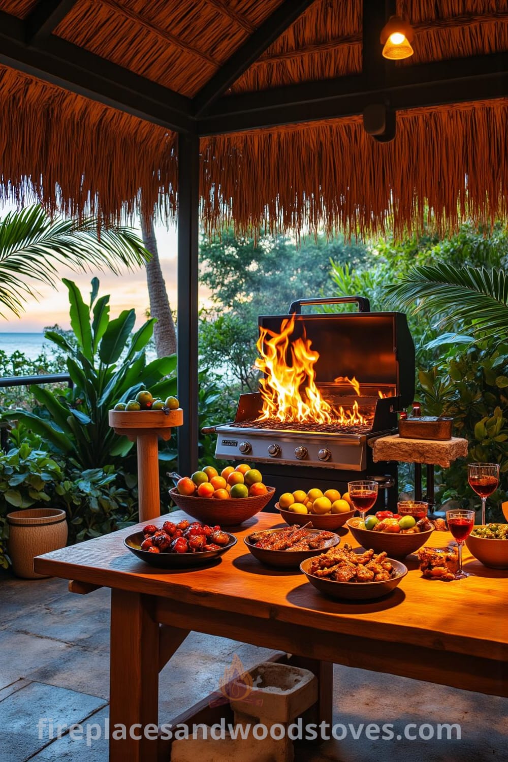 Vibrant outdoor barbecue area under a palm-thatched roof with a wood-fueled grill, rustic wooden table adorned with tropical fruits, and lush greenery swaying in the breeze. Cozy atmosphere with flickering firelight and inviting decor ideas for your home. Visit fireplacesandwoodstoves.com for unique inspirations.