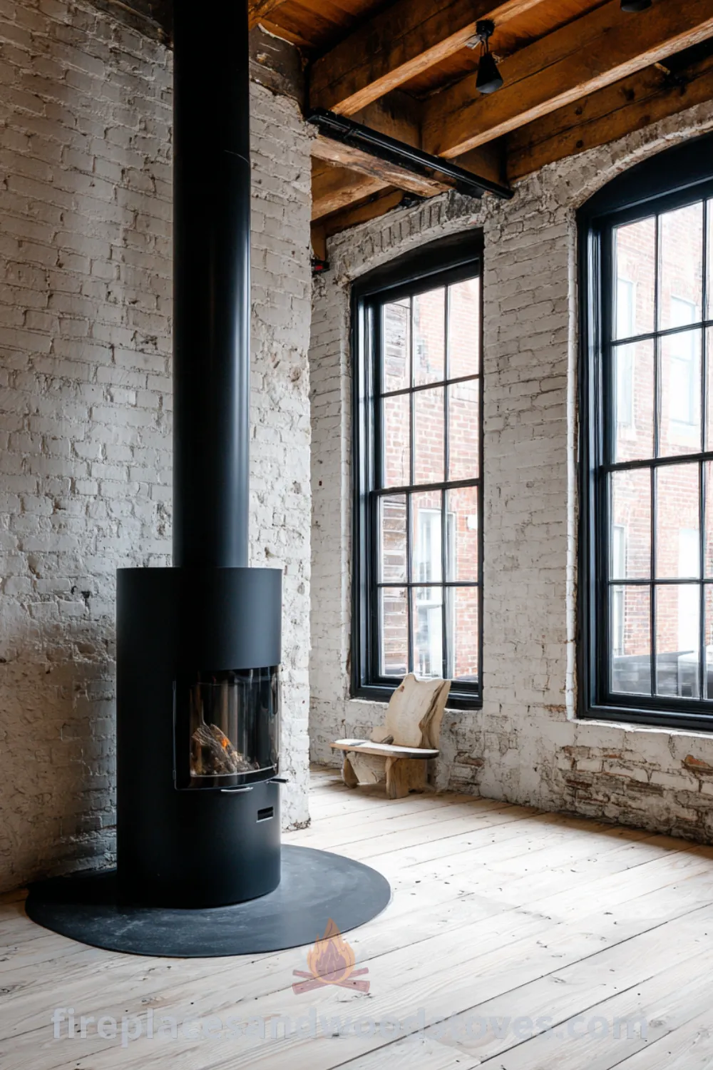 Freestanding black steel cylinder stove in cozy urban loft with white washed brick walls and light wood flooring.
