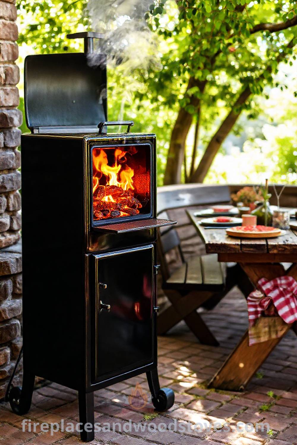 Sturdy vertical smoker barbecue on a brick patio, emitting smoke and creating a cozy outdoor atmosphere ideal for gatherings with friends and family. Enhance your outdoor space with stylish designs transforming your backyard, visit patioandhomefurniture.com for ideas you