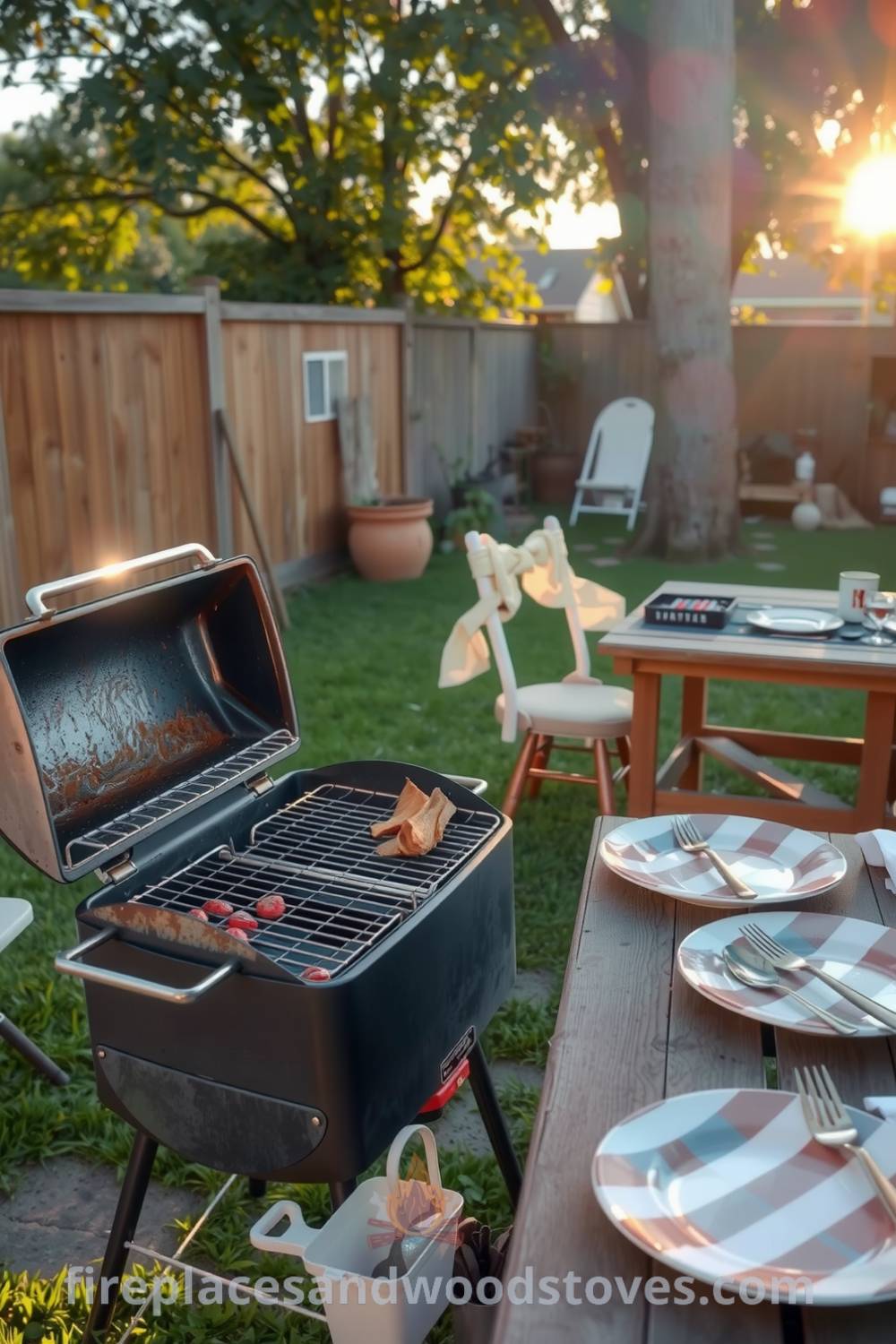 A cozy barbecue setup in a sunlit backyard featuring a slightly tarnished grill with glowing charcoal embers, a wooden picnic table set with mismatched dishes, and the warm hues of the setting sun, offering inviting decor ideas for a cheerful outdoor space. Visit fireplacesandwoodstoves.com for more cozy ideas.