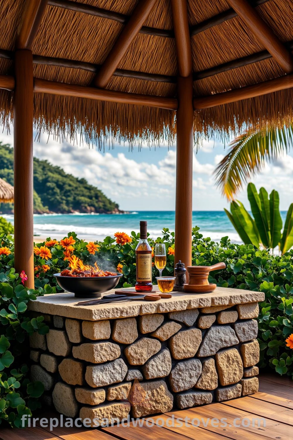 Tropical tiki outdoor barbecue under a palm-thatched roof with a stone and wood barbecue pit, surrounded by lush greenery and vibrant flowers, creating a cozy and inviting summer gathering atmosphere, inspired by unique BBQ design ideas for your home. Visit fireplacesandwoodstoves.com for more cozy ideas.