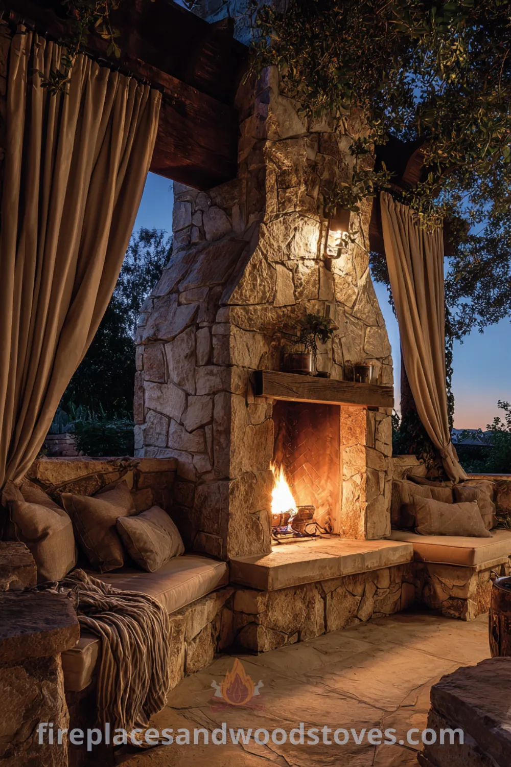Earthy rustic stone outdoor fireplace with integrated seating, crackling fire, and charming mediterranean ambiance.
