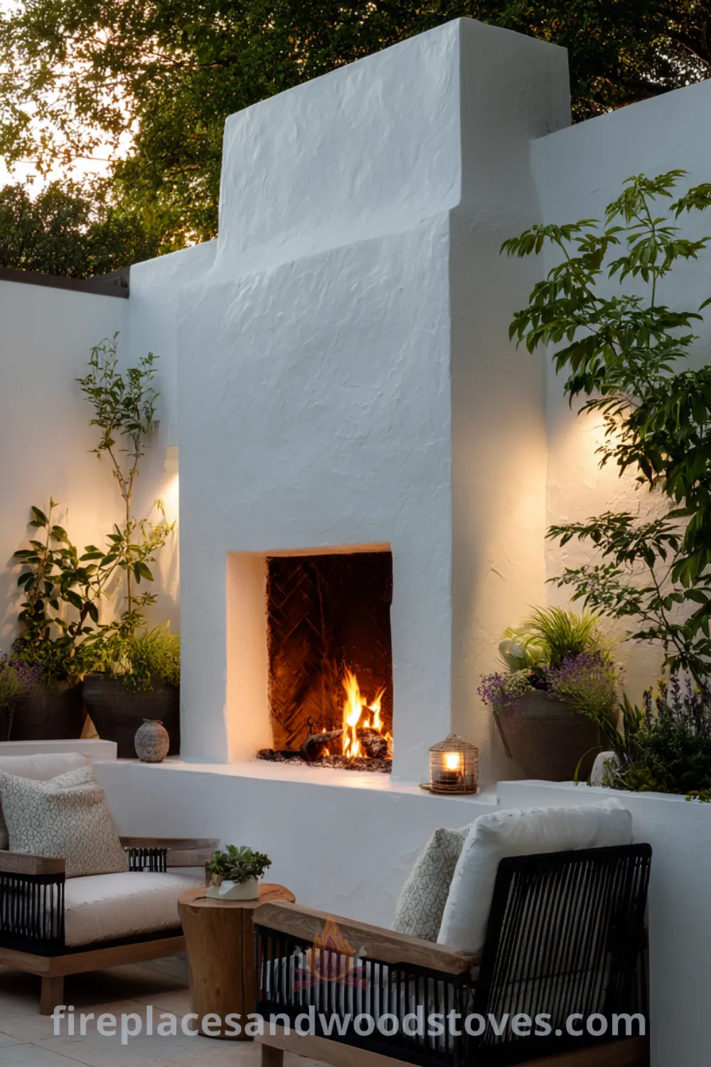 Modern minimalist outdoor fireplace surrounded by lush greenery and understated design elements in a serene environment.