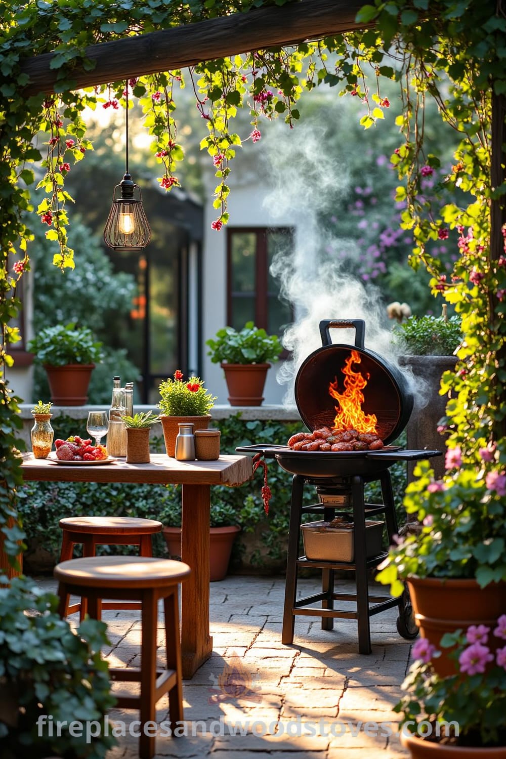 Rustic wrought iron barbecue on a sun-drenched patio surrounded by lush greenery and herb pots, with flames rising among rough-hewn wooden tables, inviting gatherings; perfect decor inspirations for your home at fireplacesandwoodstoves.com.