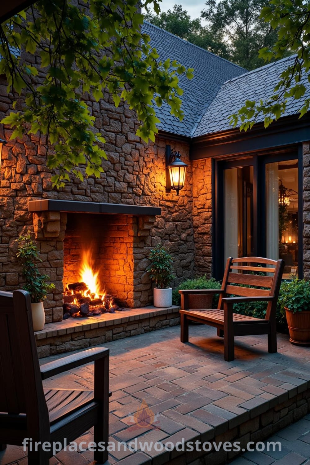 Cozy sunken patio featuring a recessed stone fireplace, rustic wooden seating, uneven brick flooring, and illuminated potted plants, creating an inviting atmosphere for gatherings and late-night conversations, ideal for cozy home designs and decor inspirations from fireplacesandwoodstoves.com.