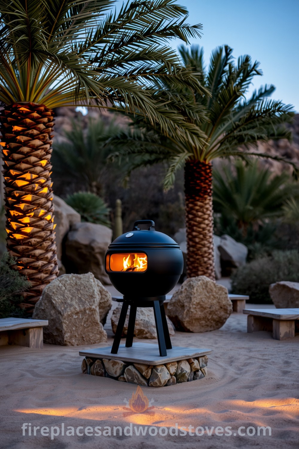 Desert oasis barbecue on a sandstone base with flickering flames, lush palm trees, and an inviting atmosphere, showcasing cozy ideas for gatherings under a starlit sky at fireplacesandwoodstoves.com.