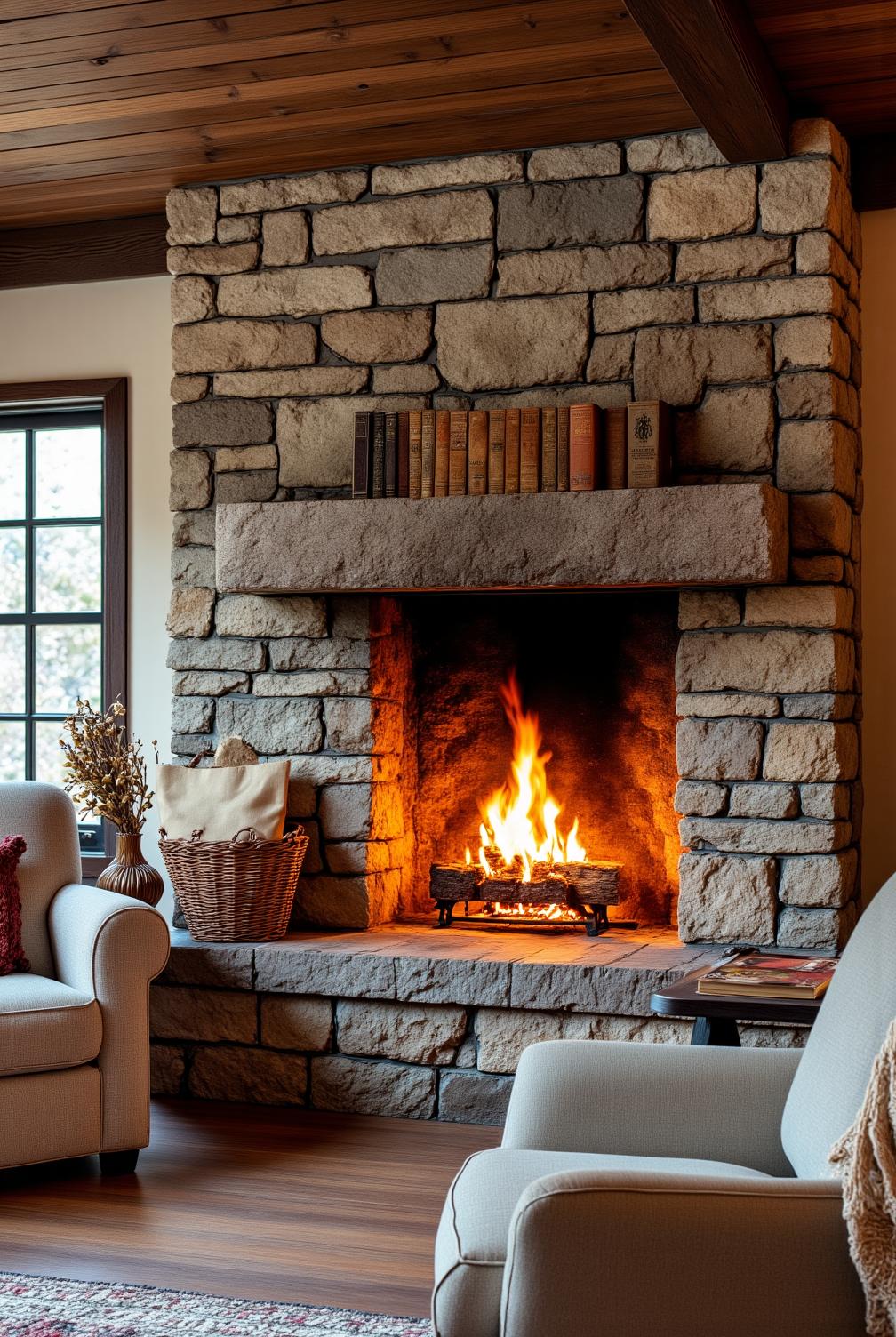 Cozy stone fireplace with flickering flames and rough-hewn bricks in a charming living room, complemented by a knit blanket draped over an armchair, creating an inviting nook for relaxation and warm decor inspirations, ideal for cozy home design ideas at fireplacesandwoodstoves.com.