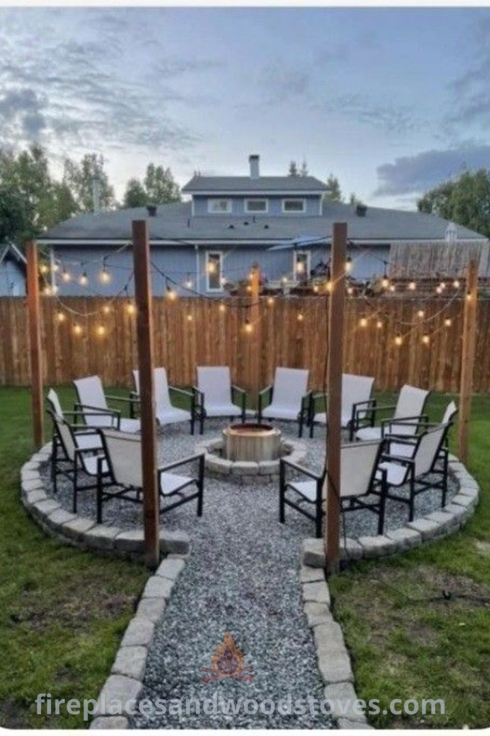 An outdoor patio with chairs and string lights on the fence, surrounding a warm fire pit area, showcasing cozy and stylish designs to transform your backyard. Explore more ideas and inspiration at patioandhomefurniture.com.