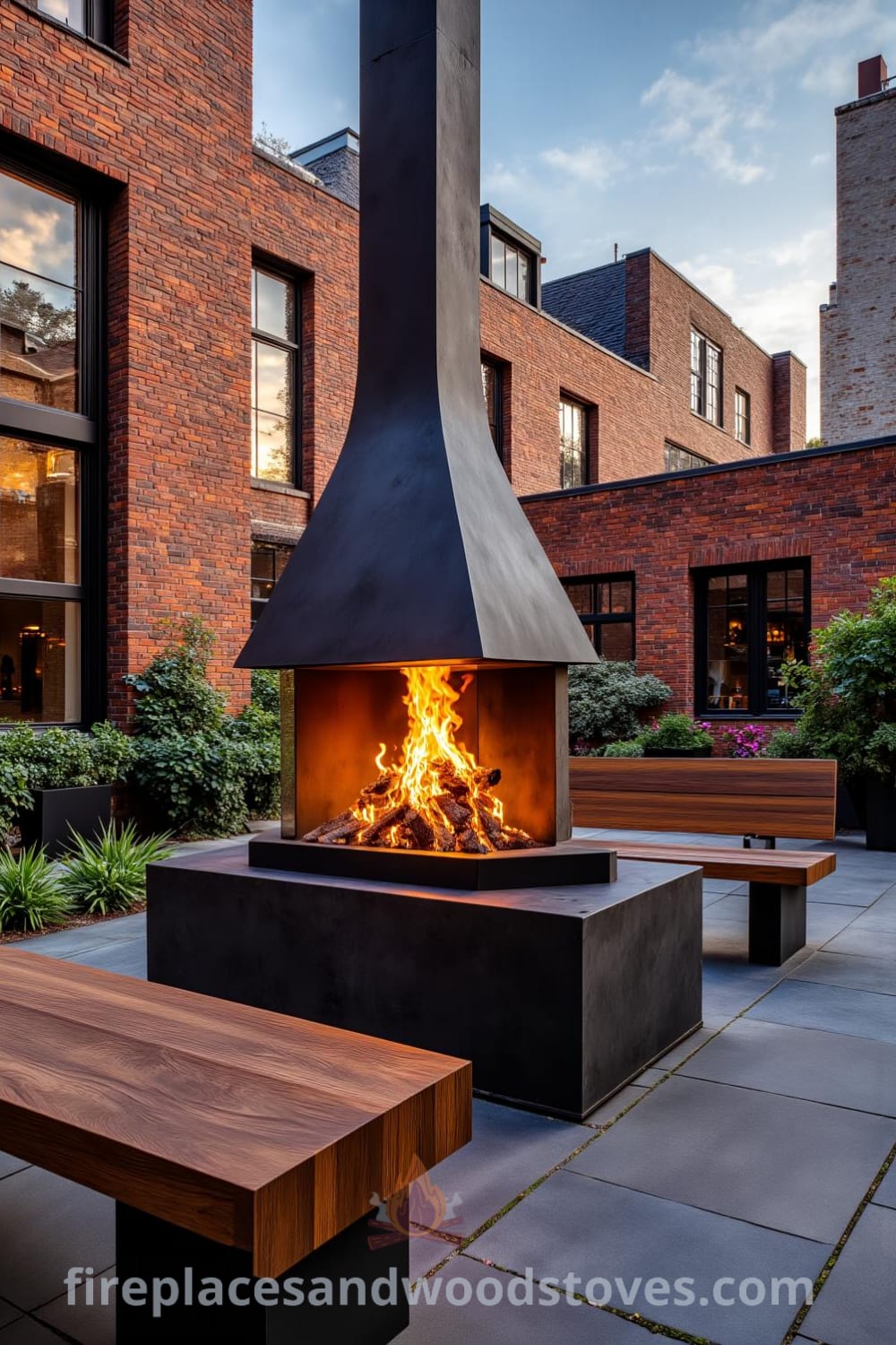 Industrial steel fireplace in an urban courtyard surrounded by reclaimed wooden benches, vibrant flames dancing within the metal frame, casting flickering shadows on exposed brick walls, creating a cozy and inviting atmosphere for gatherings. Visit fireplacesandwoodstoves.com for more cozy ideas and design inspirations.