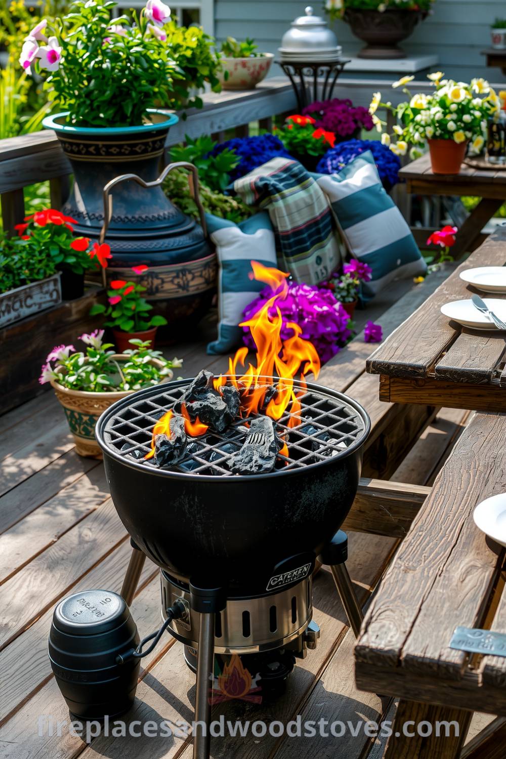 Charcoal barbecue on a weathered wooden deck with flames igniting the grill, surrounded by potted herbs and colorful garden flowers, and a rustic picnic table set with plates and utensils for a cozy and inviting gathering, showcasing unique decor ideas for your home on fireplacesandwoodstoves.com.