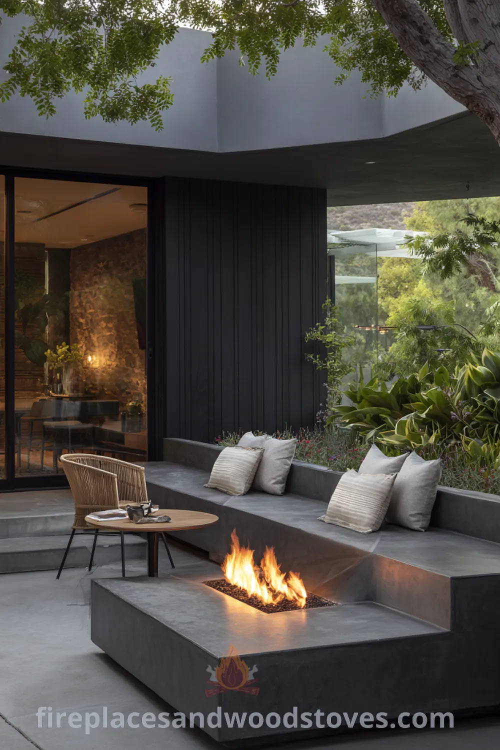 L-shaped outdoor fireplace in polished concrete surrounded by mid-century modern furnishings and lush greenery.