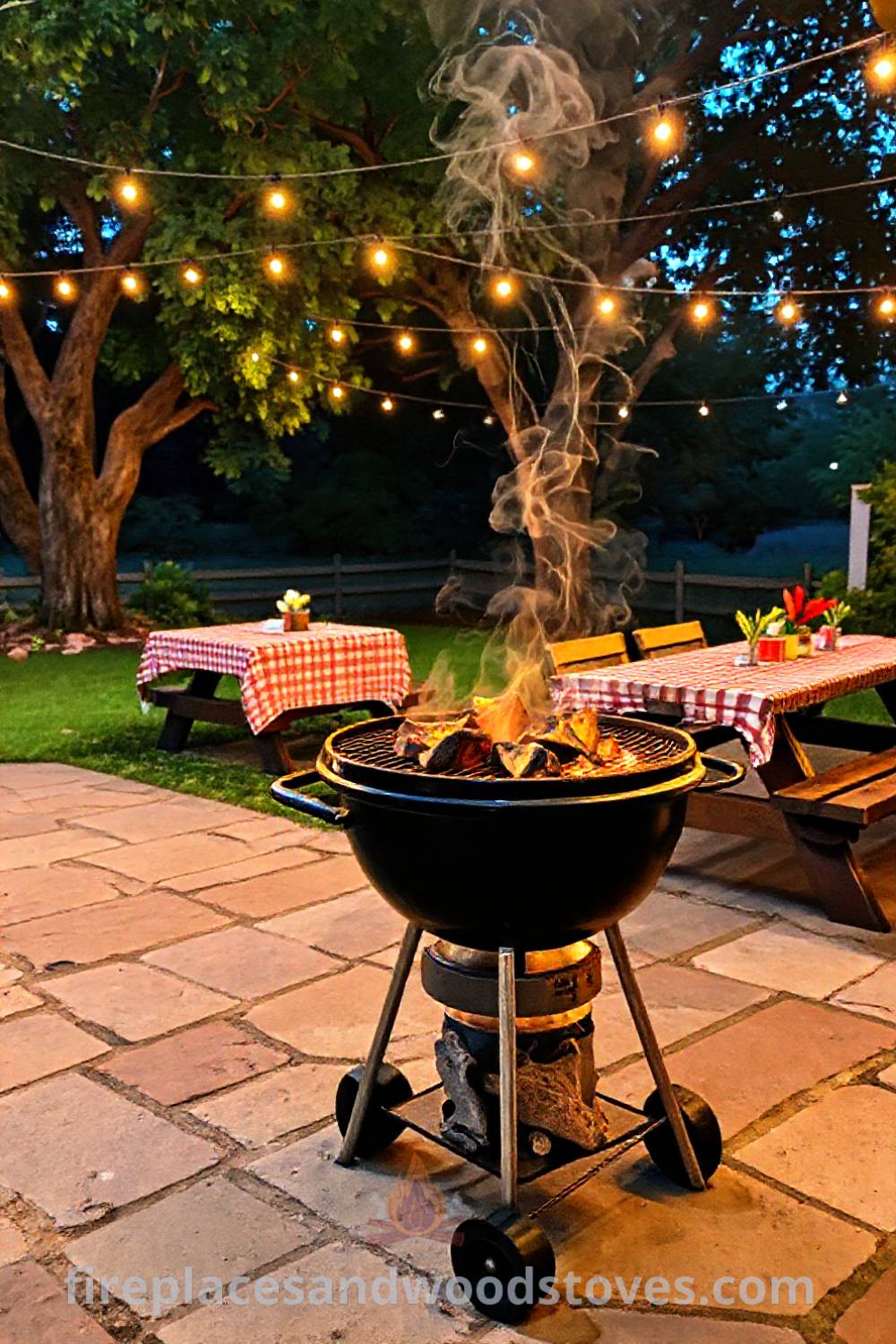 Classic charcoal grill barbecue on a stone patio with glowing charcoal, smoking meat, and inviting picnic tables draped in checkered cloths under string lights, creating a cozy summer evening atmosphere. Visit patioandhomefurniture.com for stylish outdoor design inspiration.