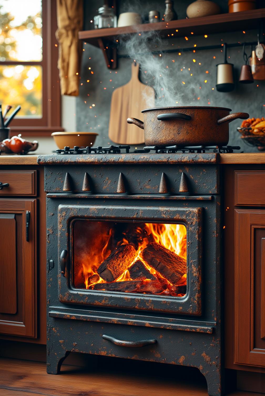A sturdy wood stove anchors a cozy kitchen, surrounded by rustic wooden cabinets and a simmering pot, with warm light from flickering flames illuminating the scene, offering cozy home decor ideas at fireplacesandwoodstoves.com.