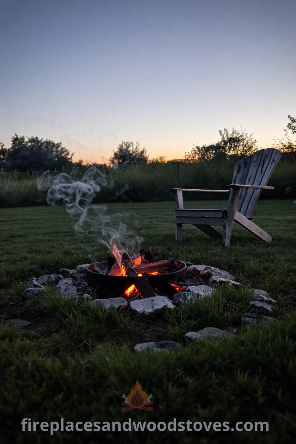 Backyard charcoal camping fire pit embedded in grass surrounded by mismatched chairs, glowing embers in twilight with smoke rising, creating a cozy atmosphere perfect for gatherings. Visit patioandhomefurniture.com for incredible outdoor design inspiration.