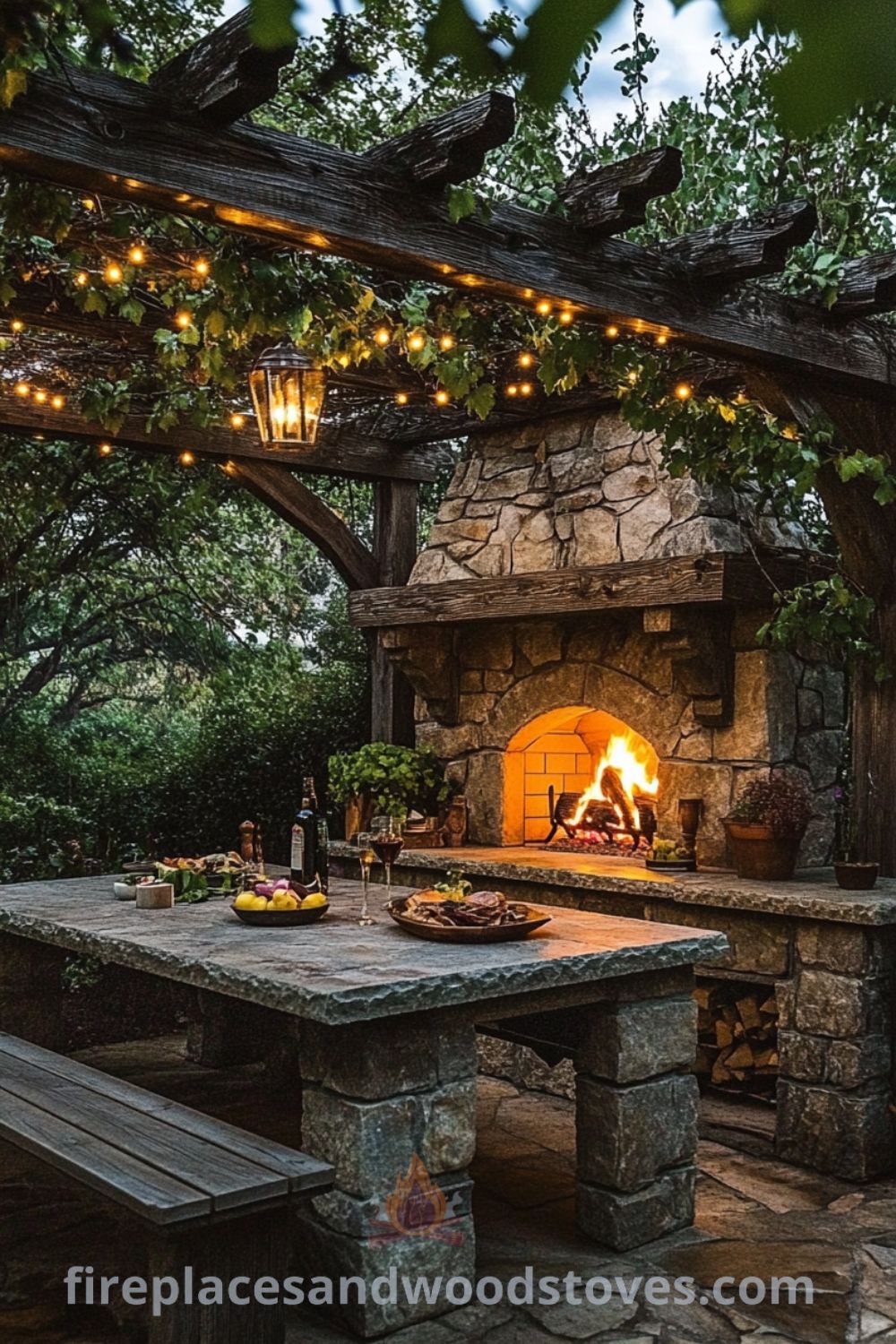 Charming outdoor kitchen with rugged stone countertops, a rustic wood-burning fireplace, climbing vines, twinkling fairy lights, and wooden benches creating a cozy atmosphere for gatherings. Explore cozy ideas and decor inspirations at wellnesswink.com.