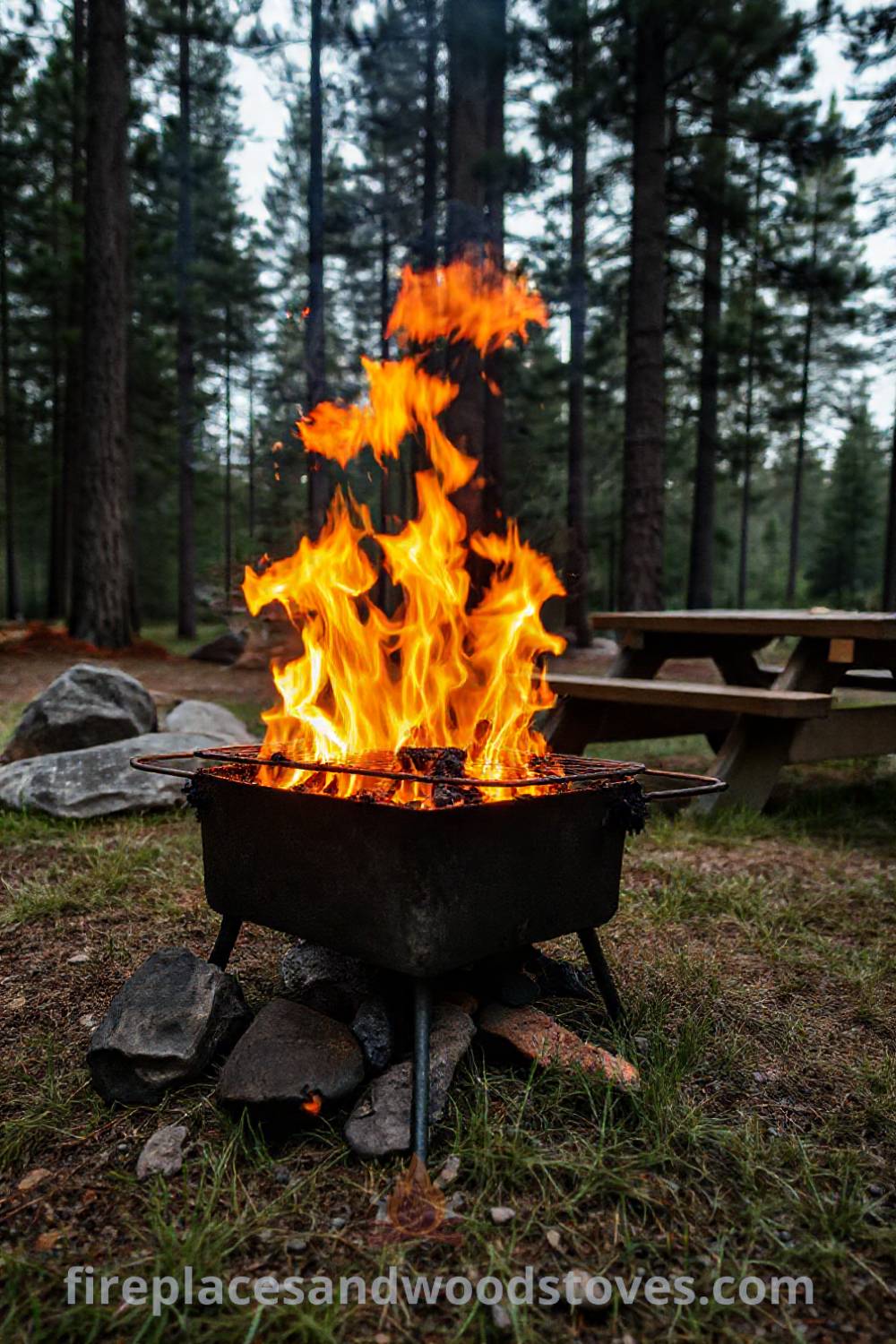 Camping barbecue set up in a forest setting with flames crackling, surrounded by pine trees and a rustic picnic table, creating a cozy atmosphere for outdoor dining. Visit patioandhomefurniture.com for stylish ideas that will wow your guests.
