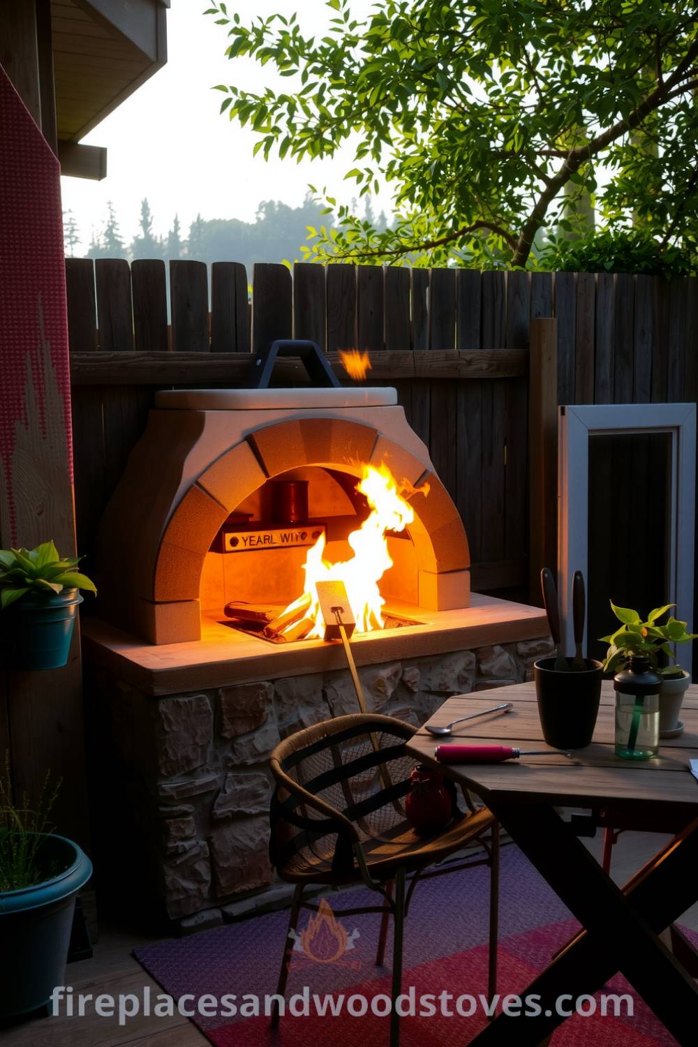 Sandstone-base barbecue in a sun-soaked outdoor patio corner, with flames flickering, potted plants surrounding an old wooden table, evoking cozy ideas for gatherings and a warm atmosphere, featuring design ideas for a welcoming home, as showcased on fireplacesandwoodstoves.com.
