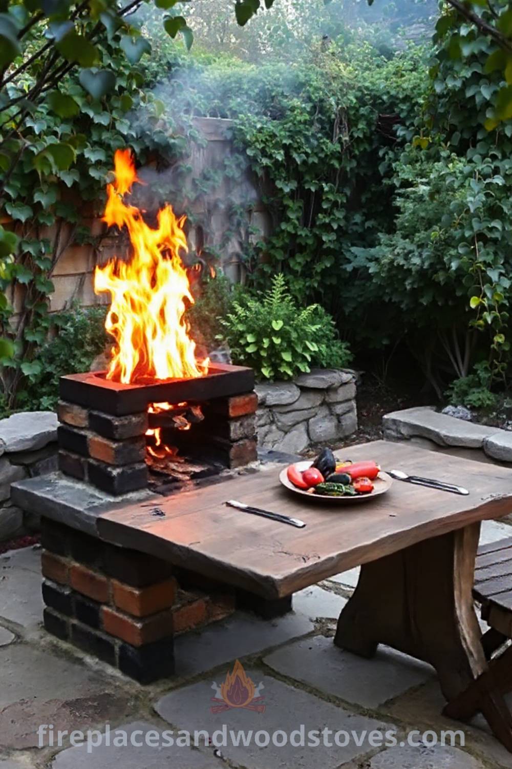 Handcrafted wood-fired barbecue on a stone patio with charred bricks, surrounded by a wooden table and vegetables, creating a cozy outdoor cooking scene perfect for gathering with loved ones. Visit patioandhomefurniture.com for creative outdoor design ideas that will wow your guests.