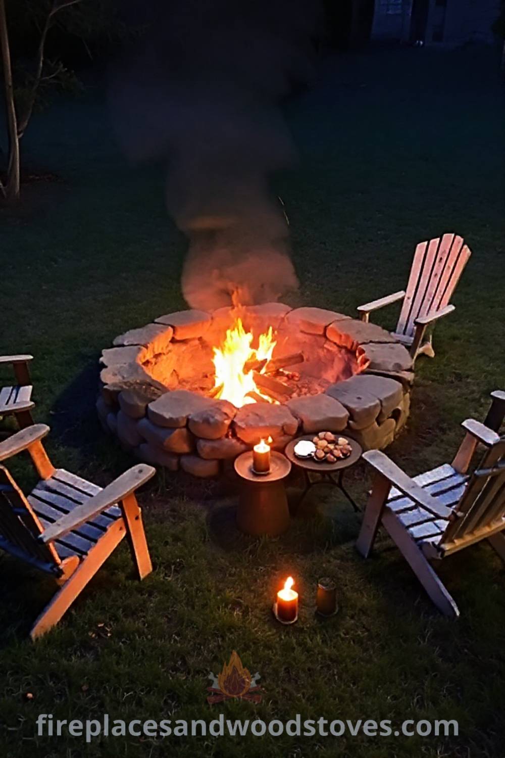Stone fire pit nestled in a grassy backyard with flames dancing inside, surrounded by mismatched chairs and a table holding snacks and drinks, creating a cozy and inviting atmosphere for gatherings. Visit patioandhomefurniture.com for stylish outdoor design ideas that will wow your guests.
