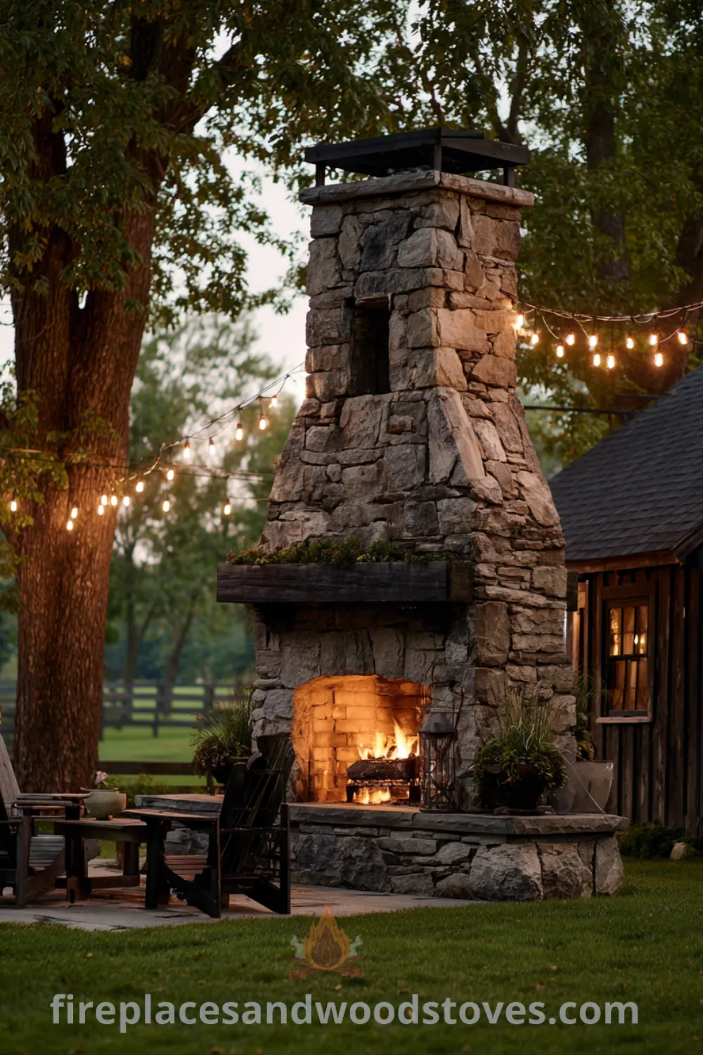 Rustic farmhouse outdoor fireplace with large hearth stone, reclaimed wood mantel, and string lights creating a cozy gathering area.