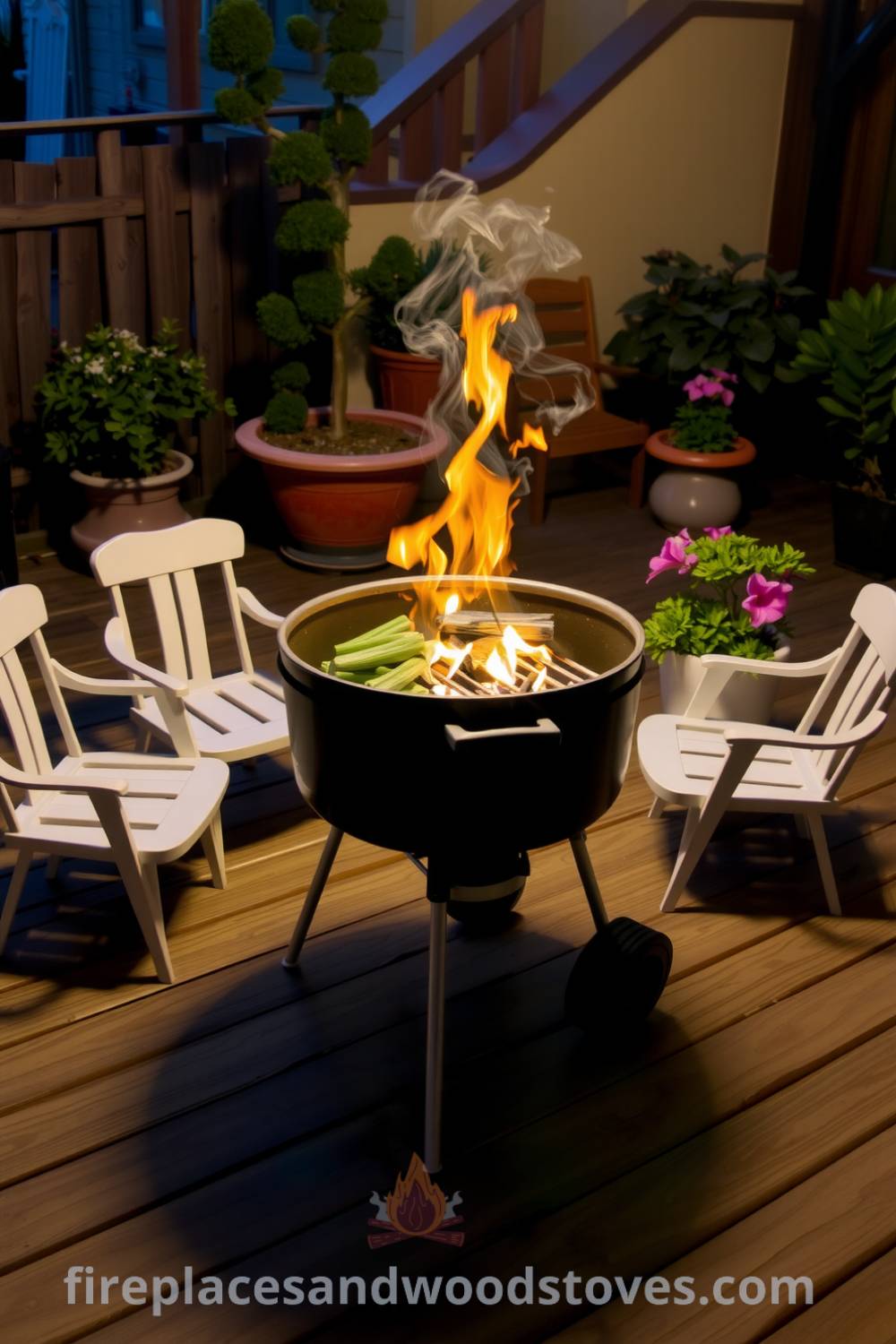 A cozy barbecue set up on a wooden deck with igniting charcoal flames, surrounded by mismatched outdoor chairs and illuminated garden plants, capturing an inviting scene for gatherings and providing unique decor inspirations at fireplacesandwoodstoves.com.