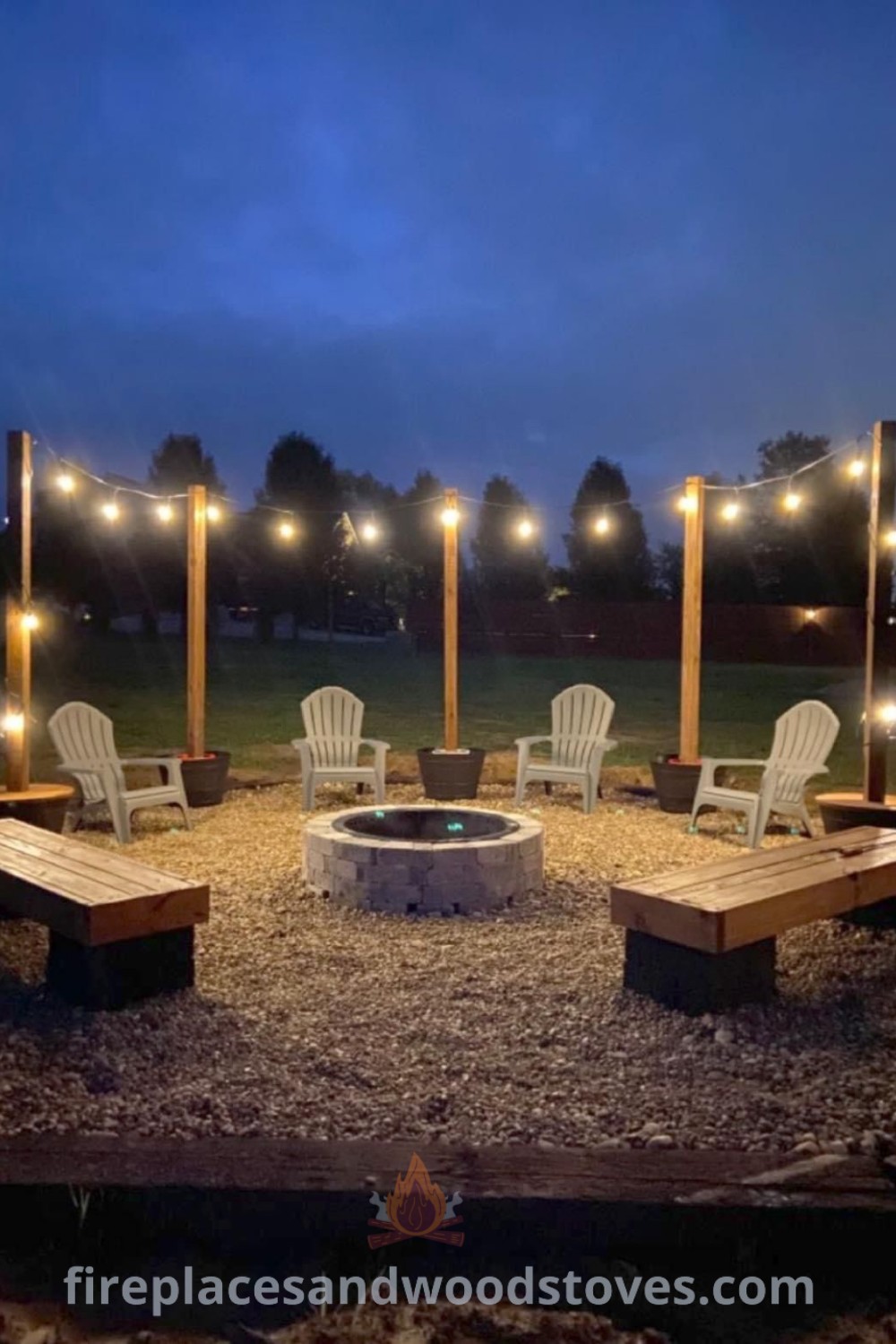 An outdoor fire pit surrounded by comfortable chairs and lights, showcasing backyard sitting area ideas, modern landscaping, and cozy decor for outdoor enjoyment. Discover more stylish landscaping ideas at patioandhomefurniture.com.