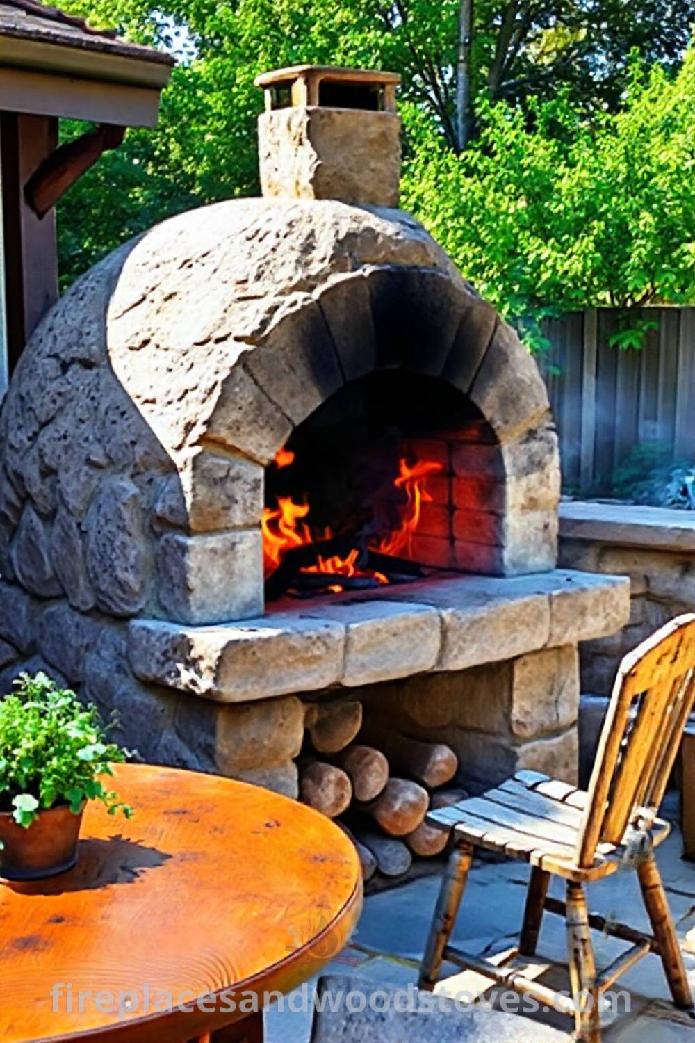 Stone BBQ oven on a sunlit patio surrounded by potted herbs and mismatched chairs, creating a cozy outdoor space perfect for gatherings. Visit patioandhomefurniture.com for incredible outdoor design inspiration.
