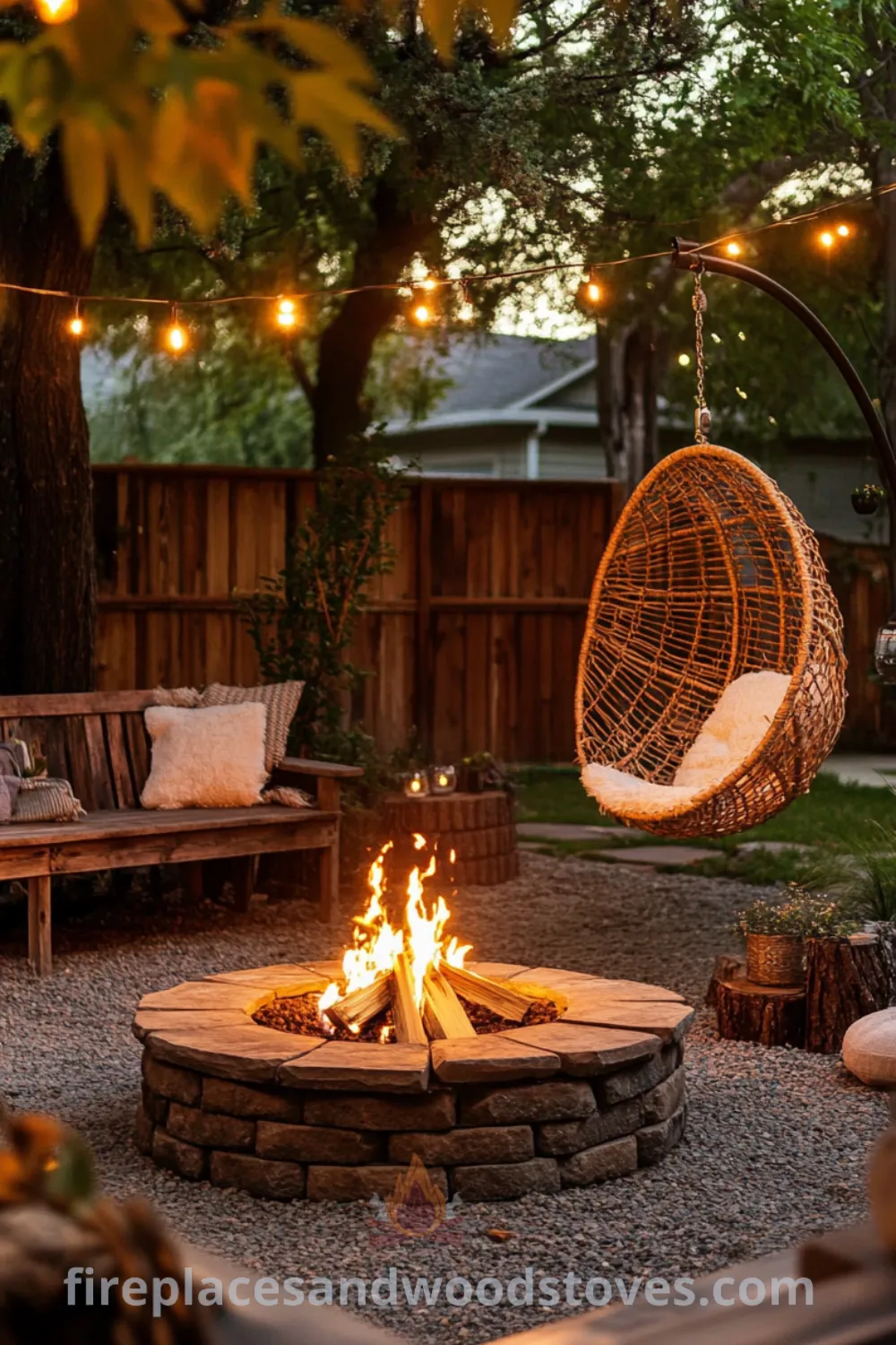 Charming backyard fire pit area on fireplacesandwoodstoves.com, with comfortable outdoor seating, cozy elements, and design ideas for creating an inviting outdoor hangout area, perfect for warmth and relaxation.