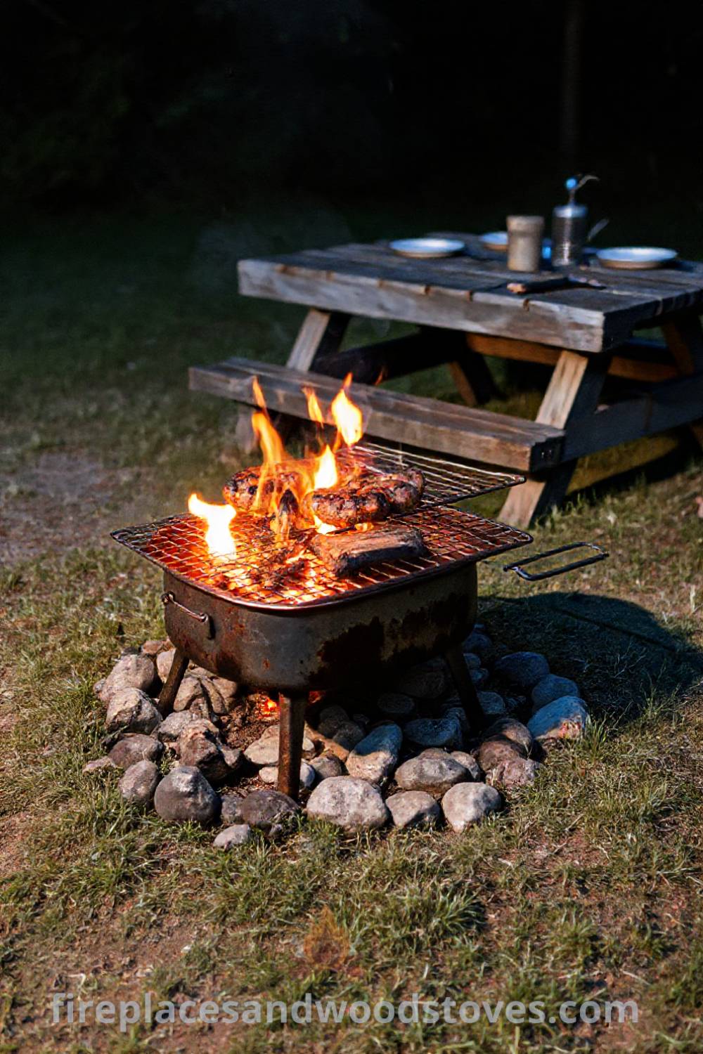 Sturdy camping barbecue on grass surrounded by river stones and an old picnic table, creating a cozy atmosphere for a gathering with friends. Visit patioandhomefurniture.com for stylish outdoor design ideas that will wow your guests.