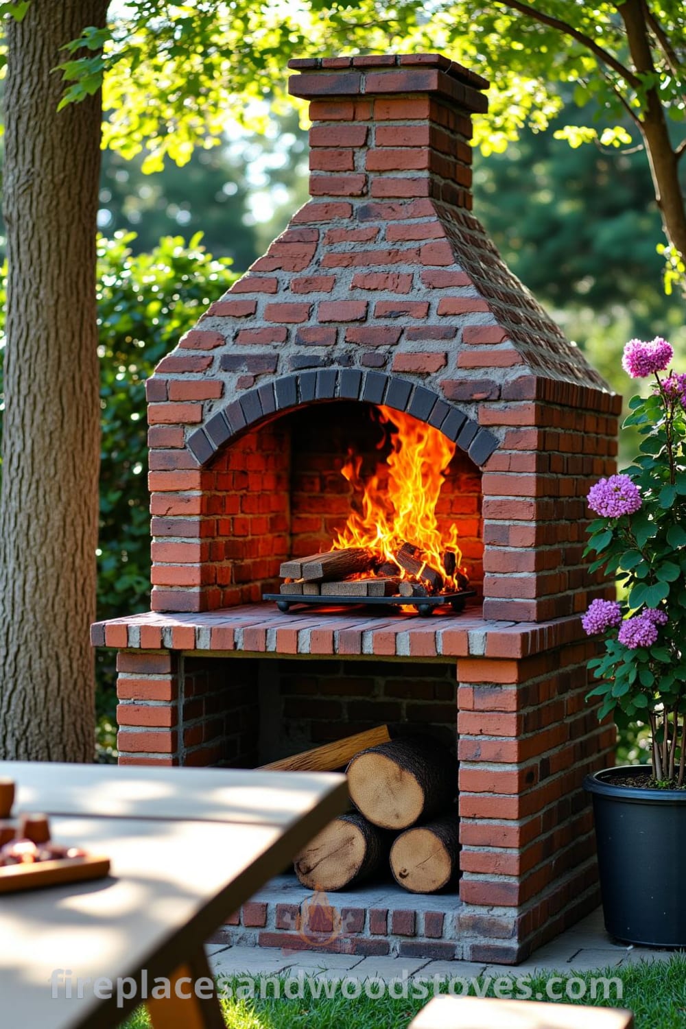 Cozy outdoor barbecue in a sunlit backyard featuring a traditional brick design with flames crackling, a nearby picnic table prepared for gatherings, and vibrant garden flowers, creating inspiring decor ideas for your home at fireplacesandwoodstoves.com.