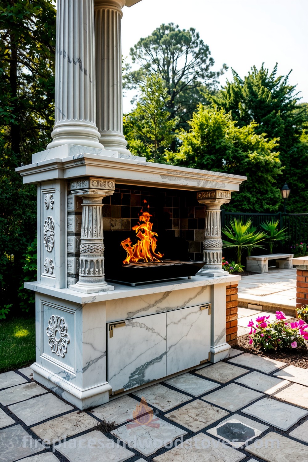 Neoclassical outdoor barbecue made of marble with towering columns and intricate designs, set against lush greenery, featuring a wood-fueled grill and surrounded by blooming flowers and stone paths, providing cozy design ideas for your home. Visit fireplacesandwoodstoves.com for more unique inspirations.