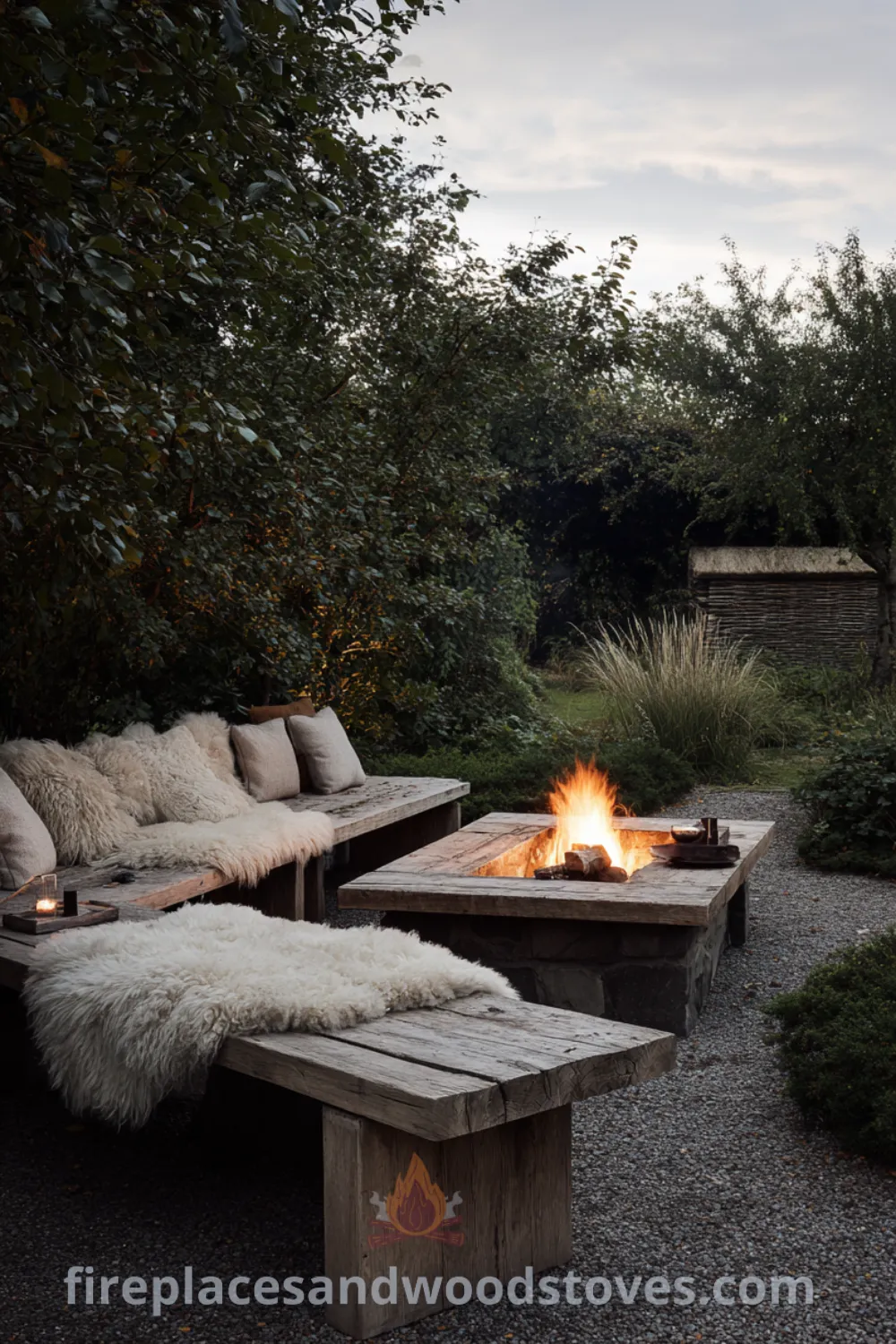 Cozy Scandinavian outdoor fireplace with simple geometric forms, natural wood blonde bench, and inviting hygge aesthetic in a serene garden.