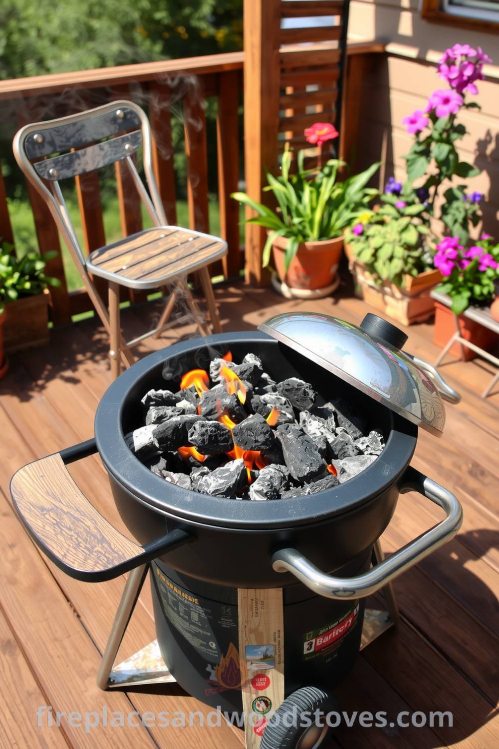 Charcoal barbecue on a wooden deck with an open lid revealing glowing coals, surrounded by mismatched chairs and colorful potted plants, creating a cozy and inviting outdoor cooking space, featured on fireplacesandwoodstoves.com.